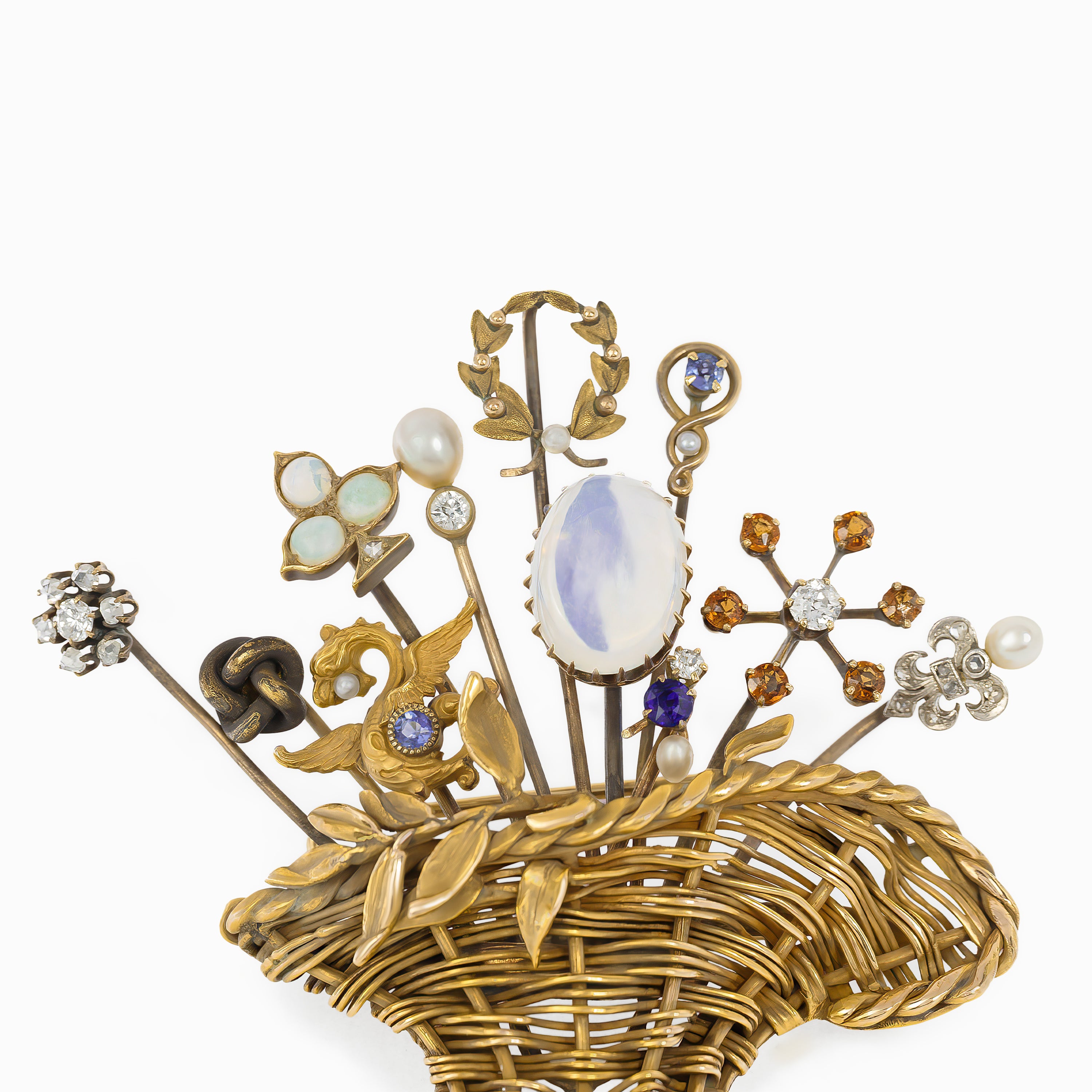 Yellow Gold Brooch with Amethyst, Opal, Pearl, Sapphire Stones