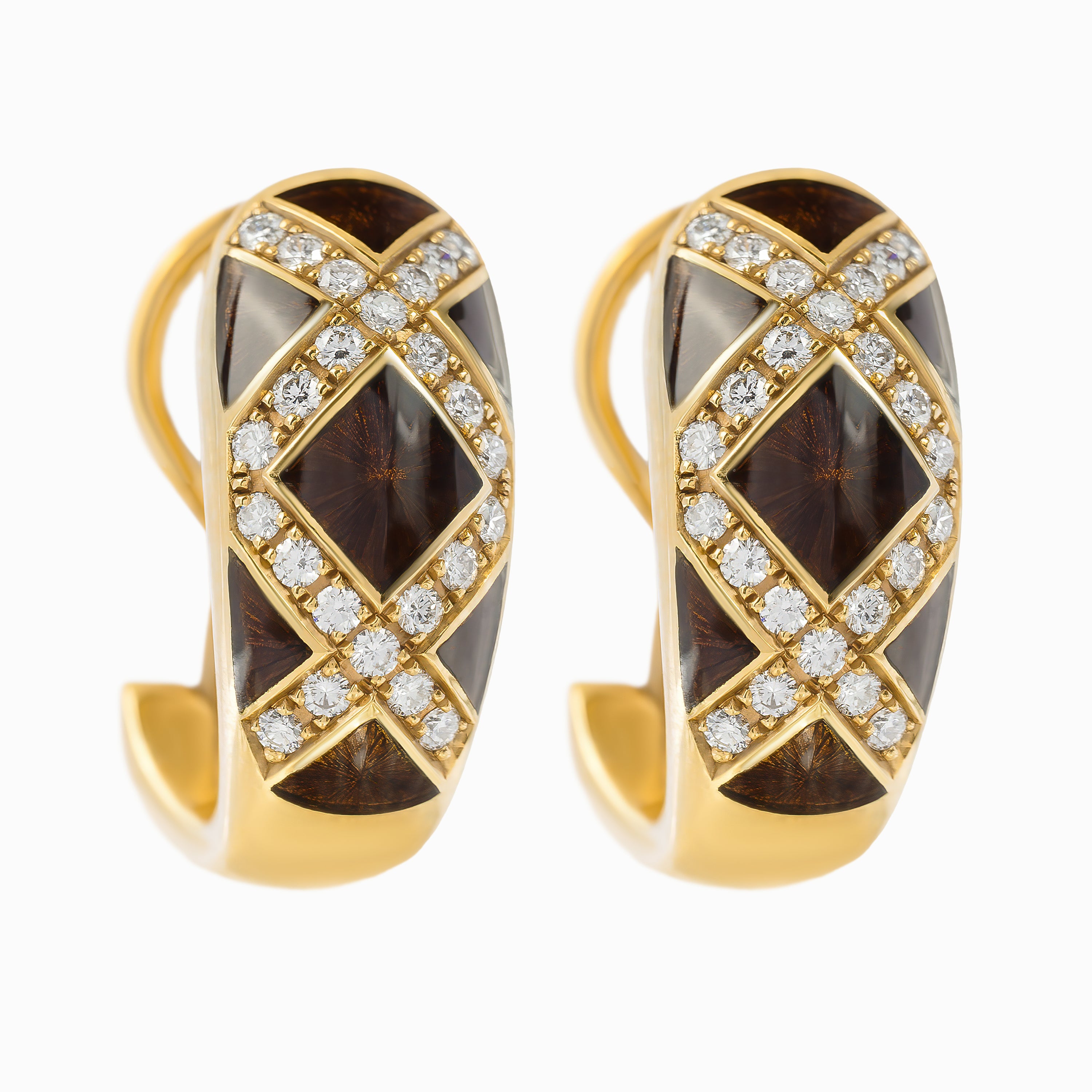 Yellow Gold Huggie Earrings with Diamond, Enamel Stones