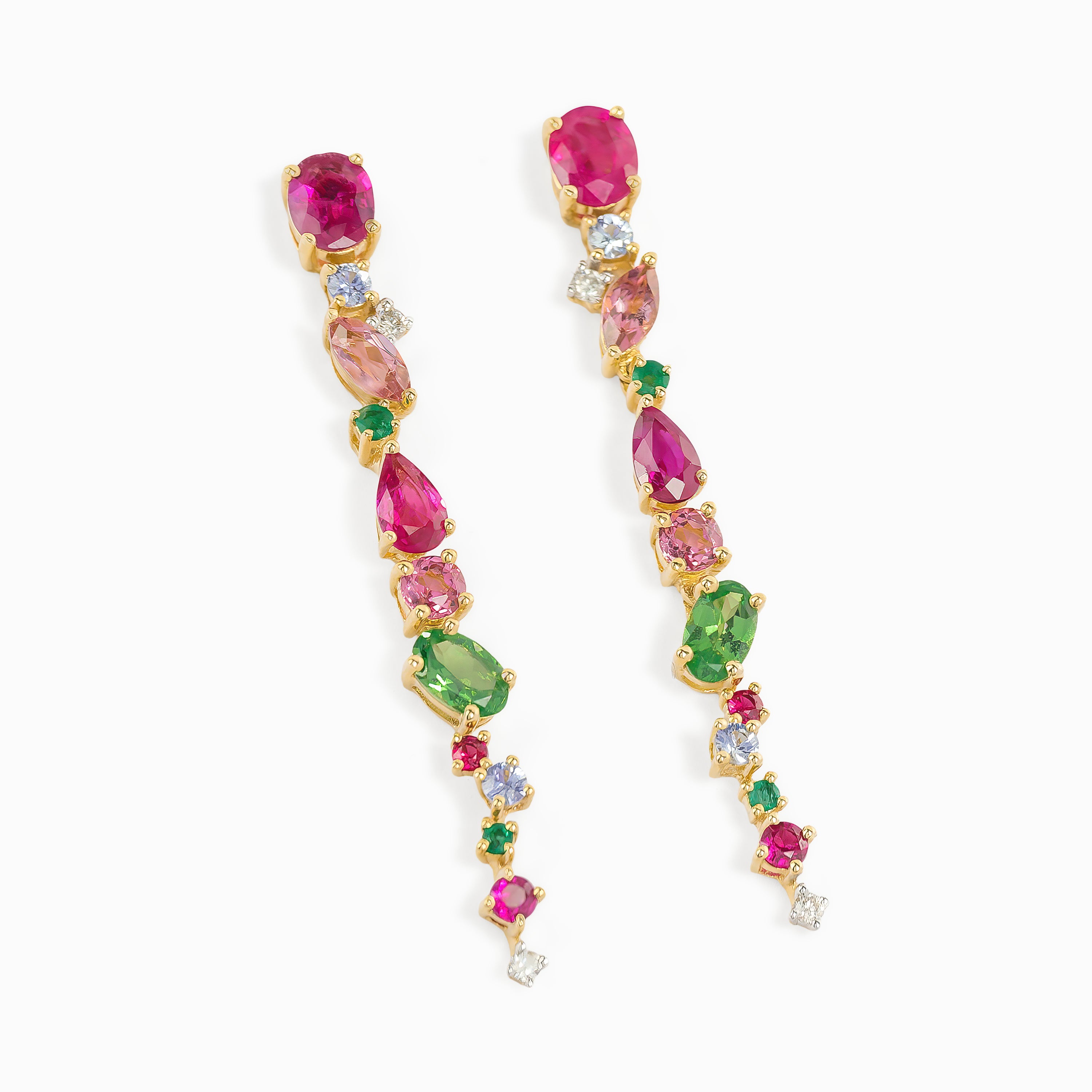 Yellow Gold Drop Earrings with Diamond, Sapphire Stones