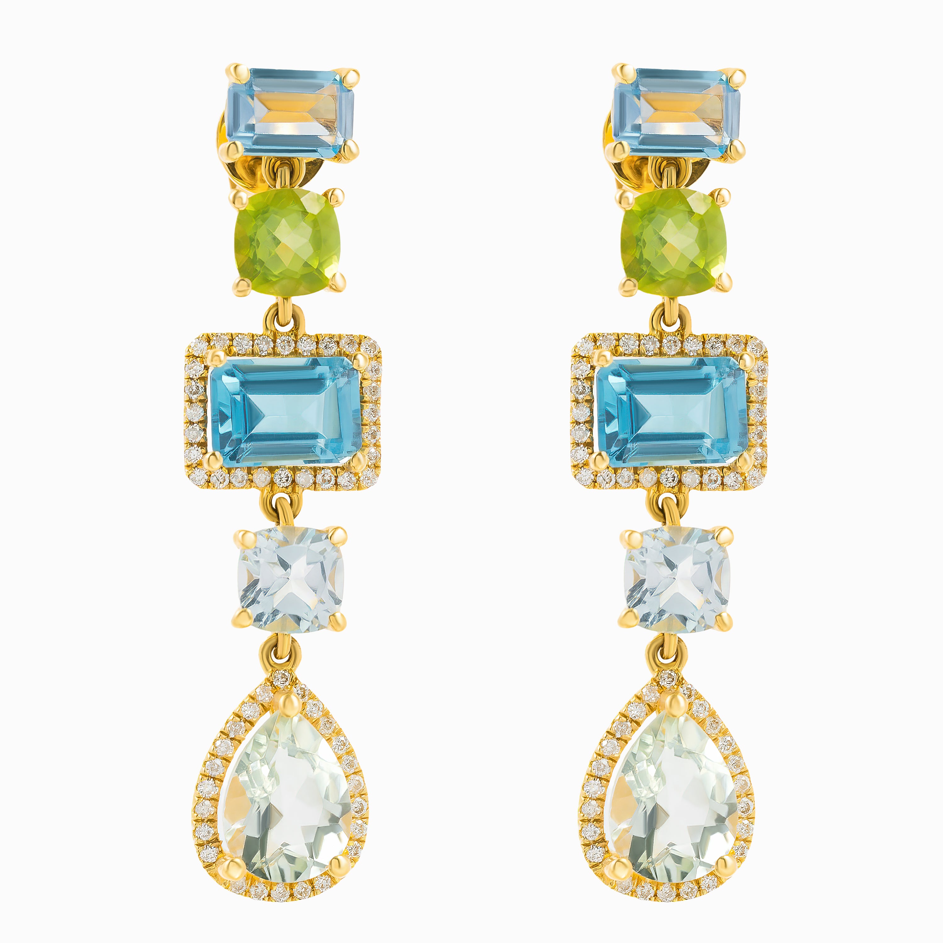 Yellow Gold Drop Earrings with Diamond, Topaz Stones