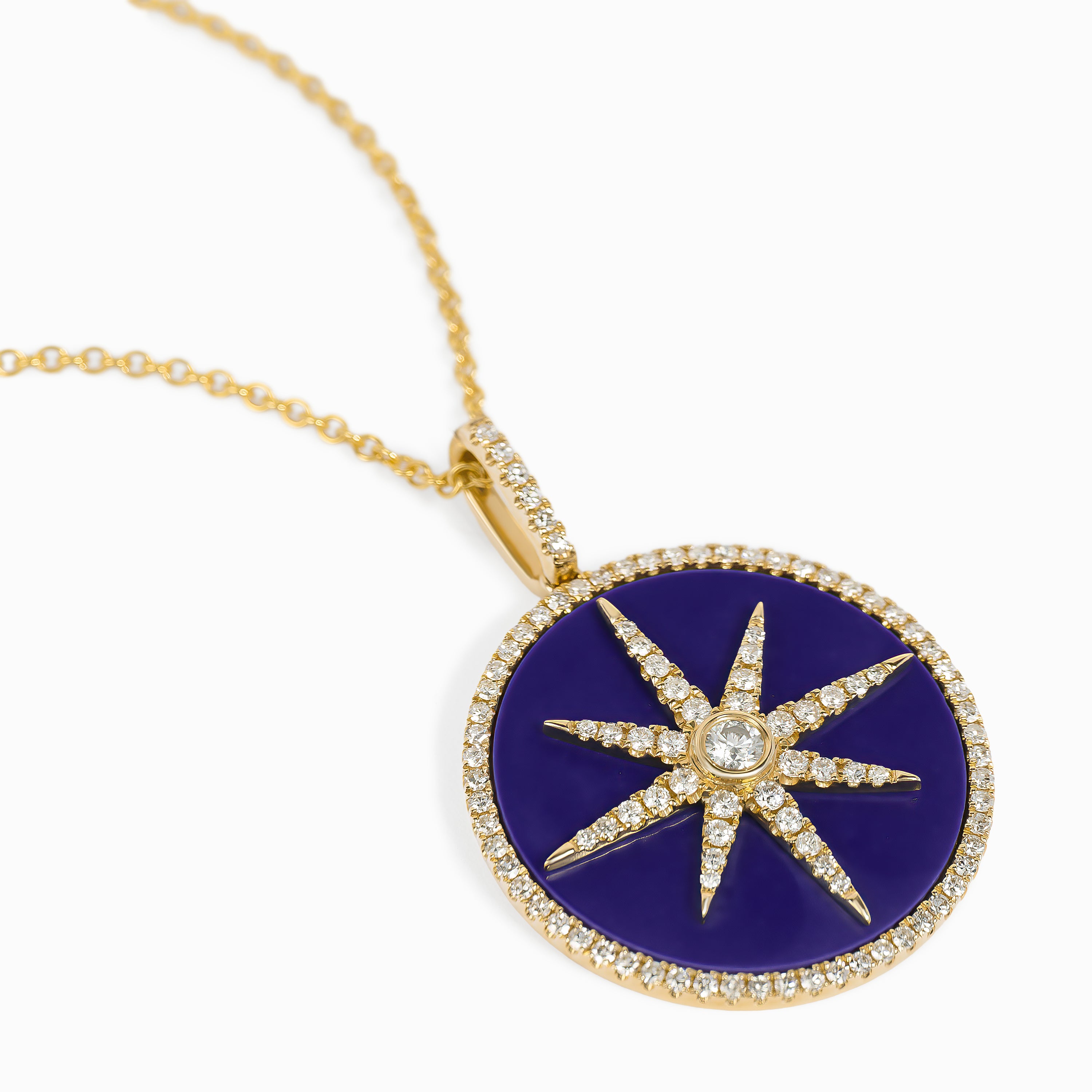 Yellow Gold Pendant Necklace with Diamond, Lapis Stones