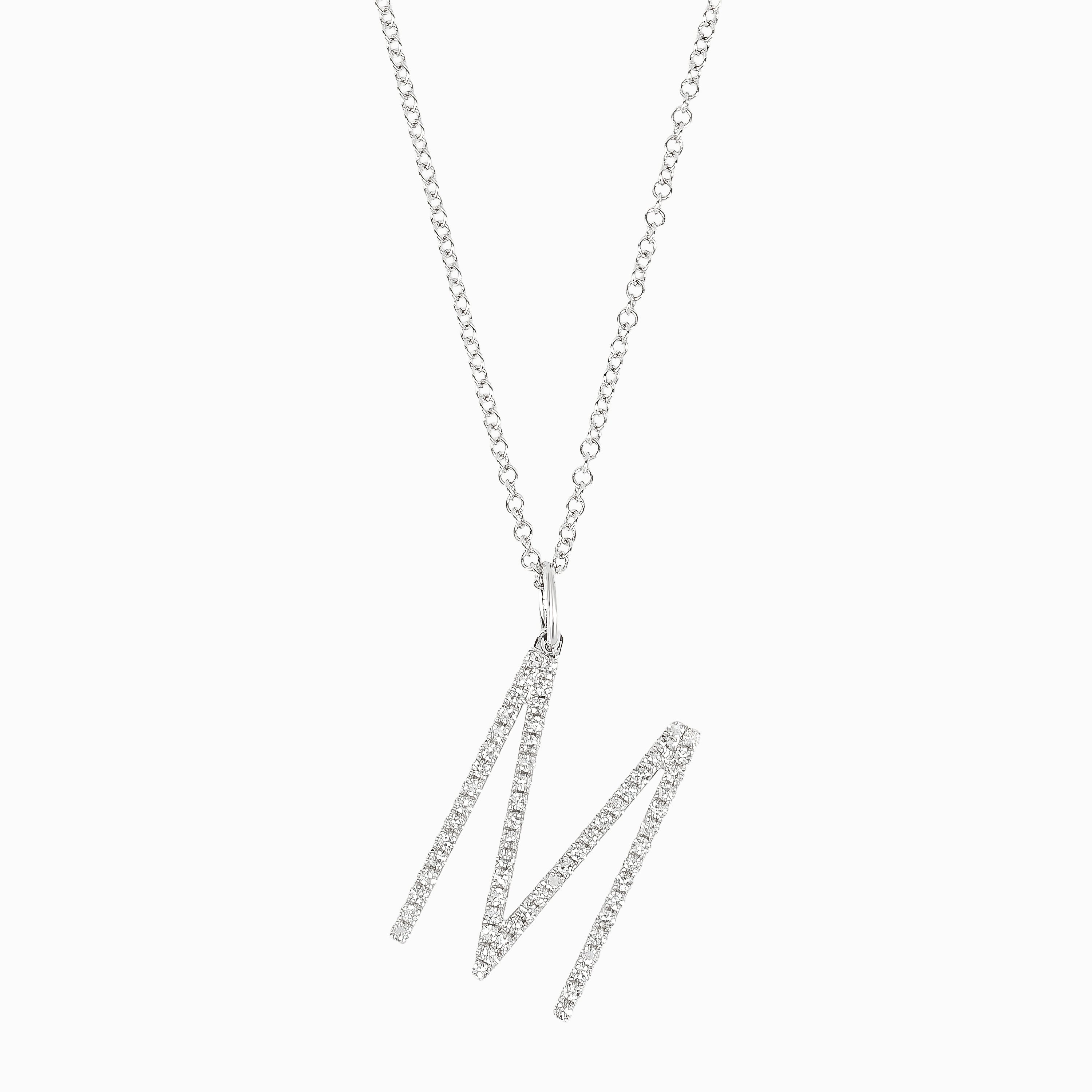 Letter M White Gold Pendant Initial Necklace with Diamond Only Stones