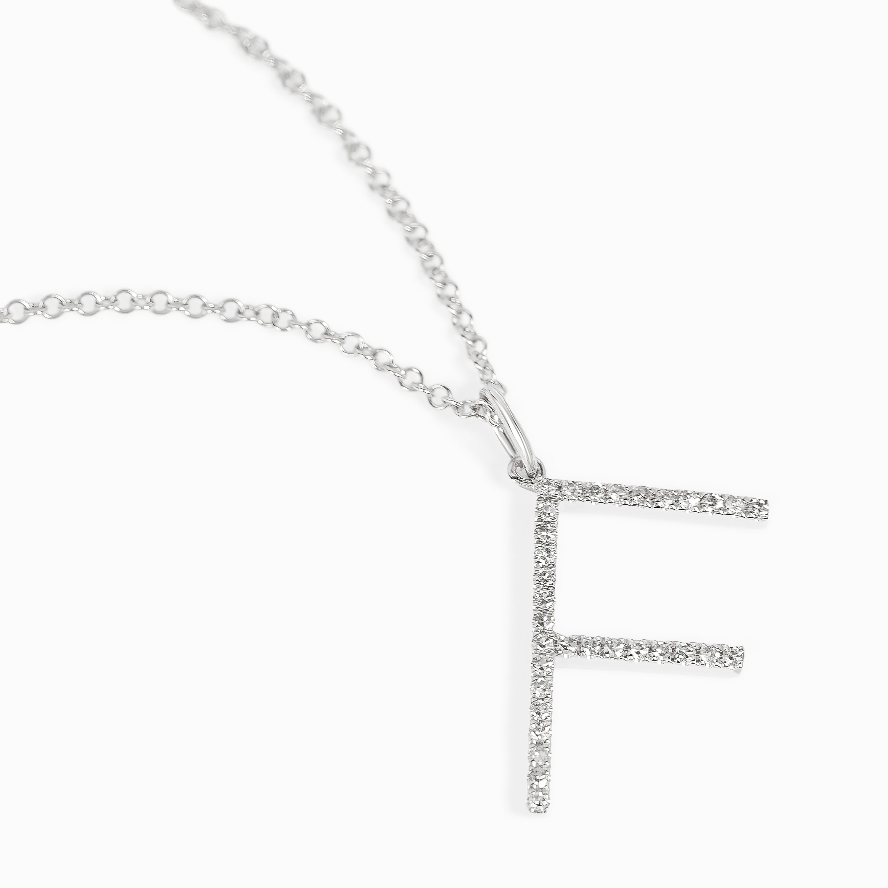 Letter F White Gold Pendant Initial Necklace with Diamond Only Stones