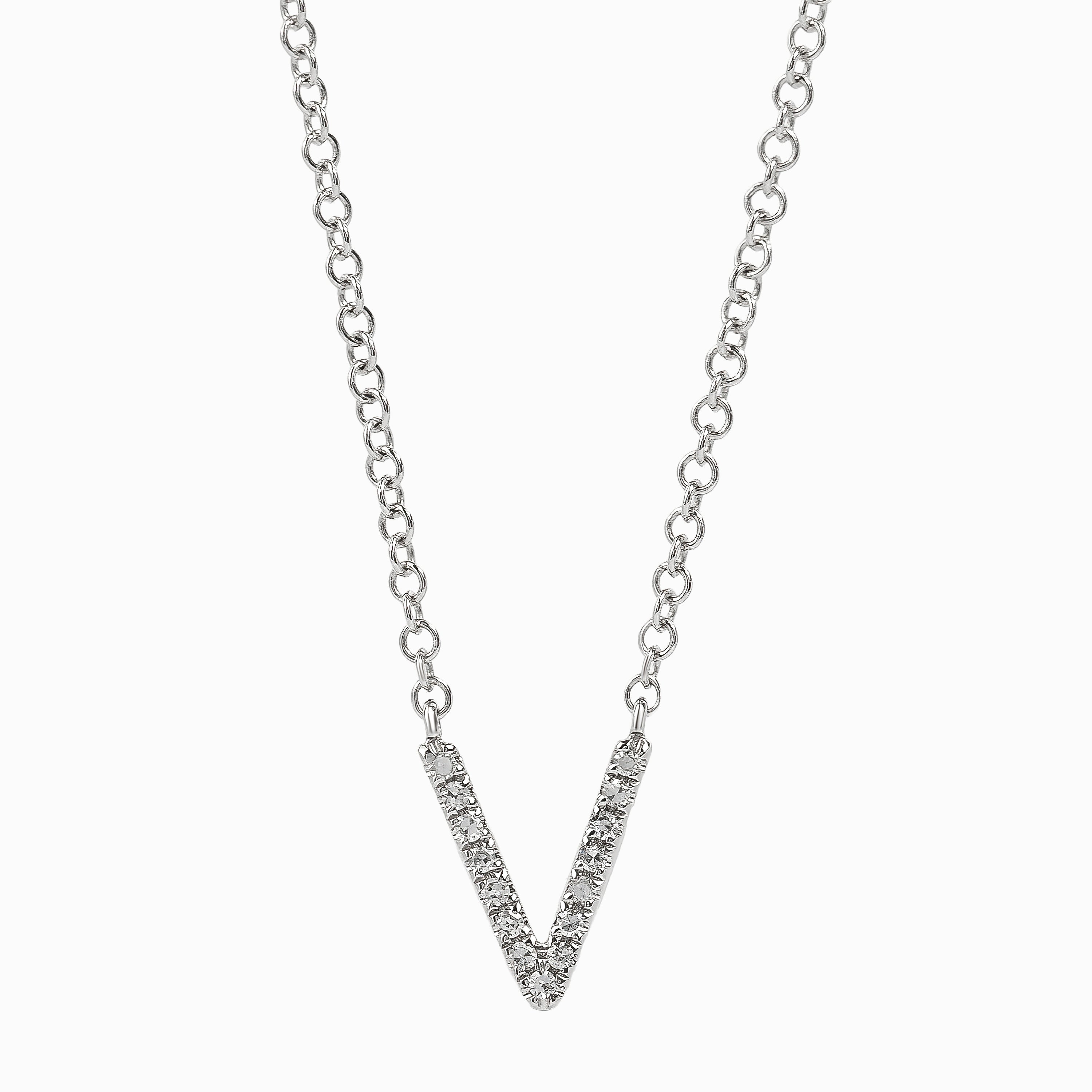 Letter V White Gold Pendant Initial Necklace with Diamond Only Stones