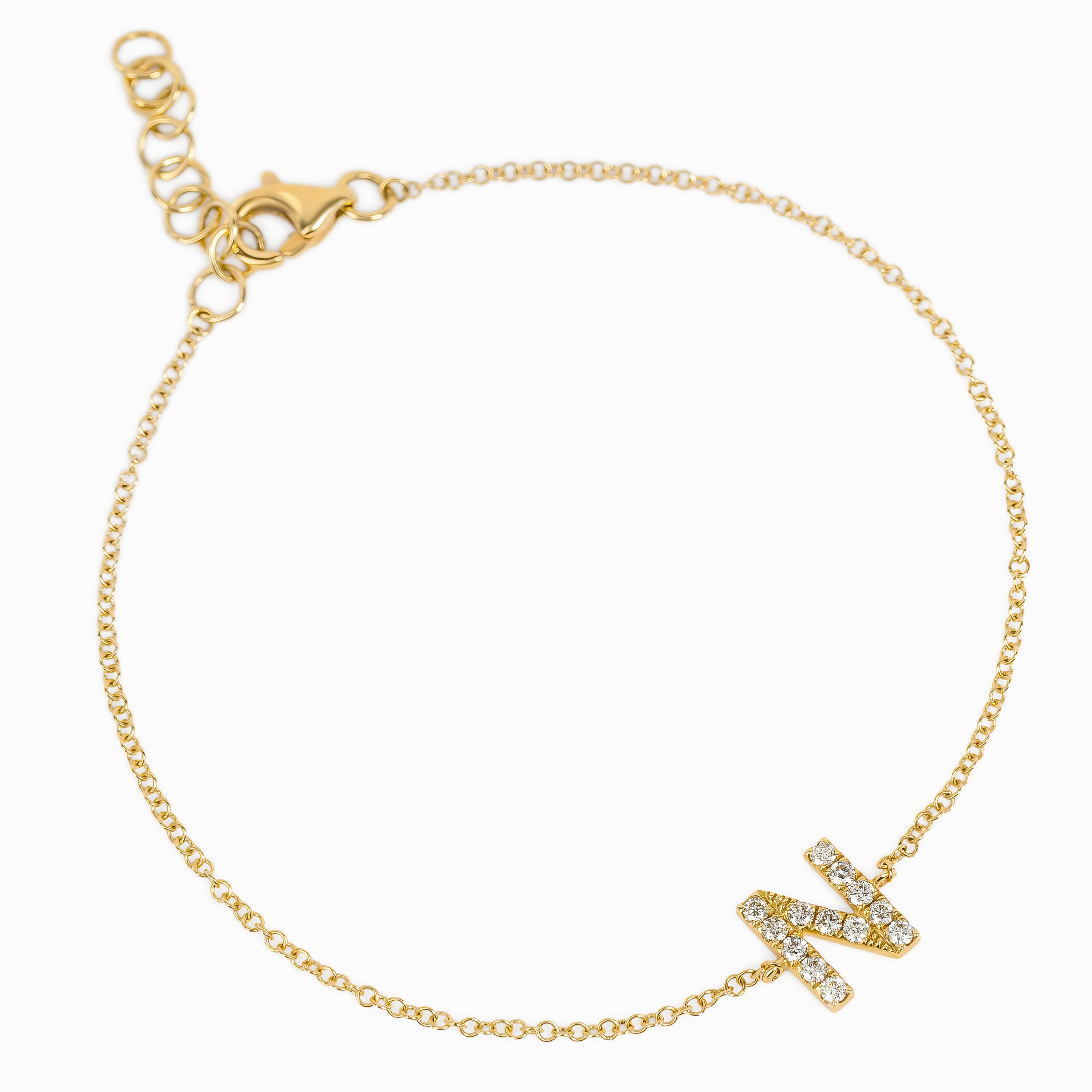 Letter N Yellow Gold Chain Initial Bracelet with Diamond Only Stones