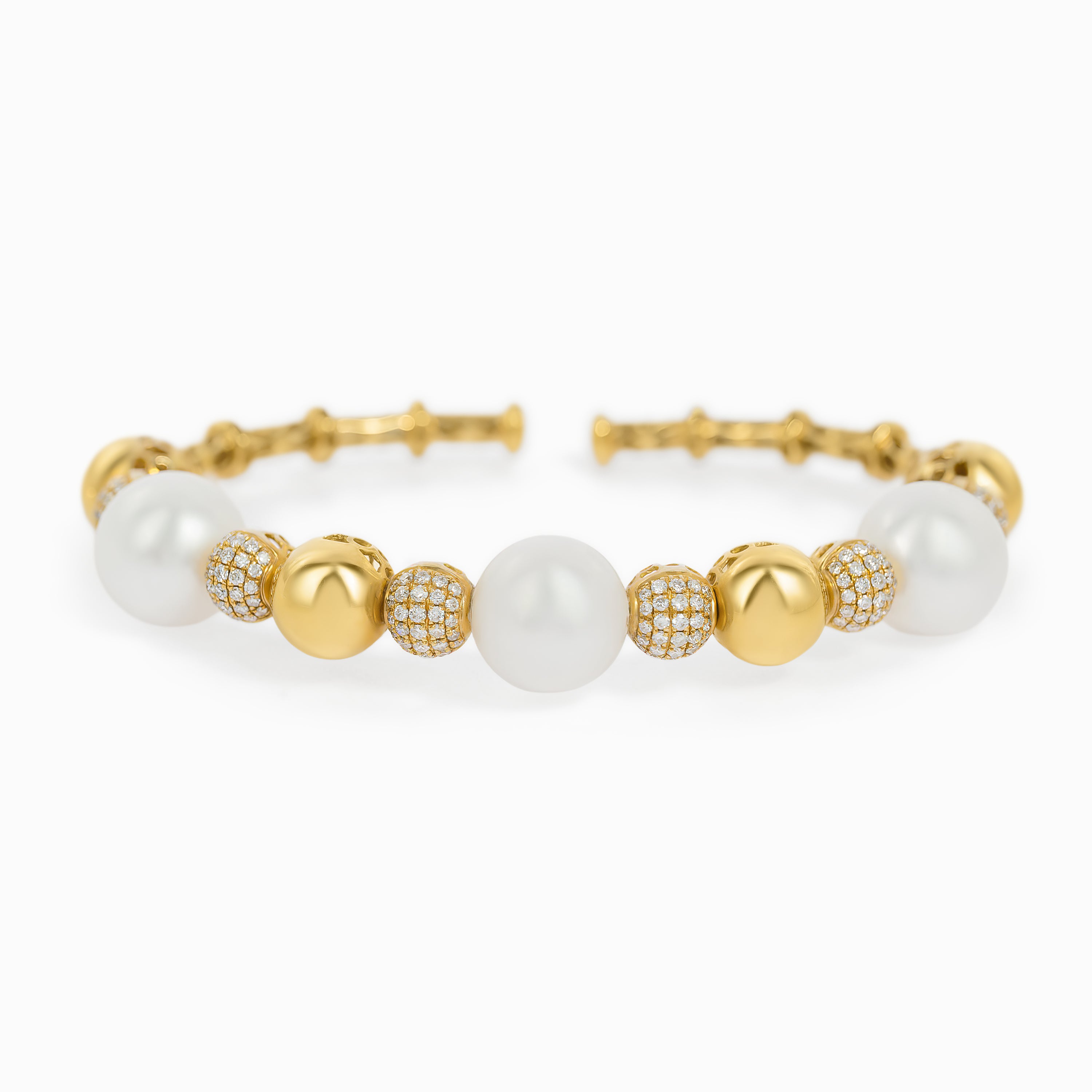 Yellow Gold Bangle Bracelet with Diamond, Pearl Stones