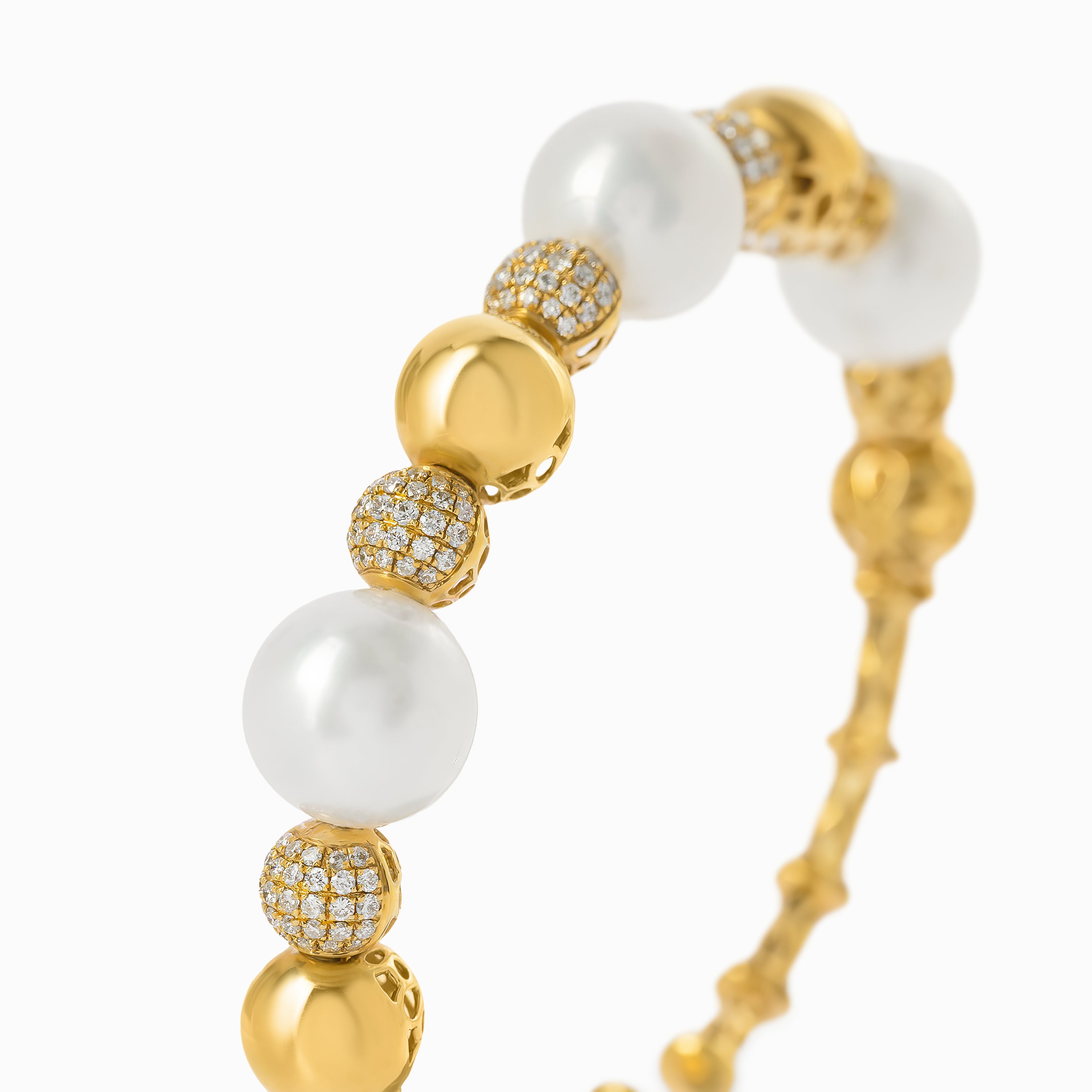 Yellow Gold Bangle Bracelet with Diamond, Pearl Stones