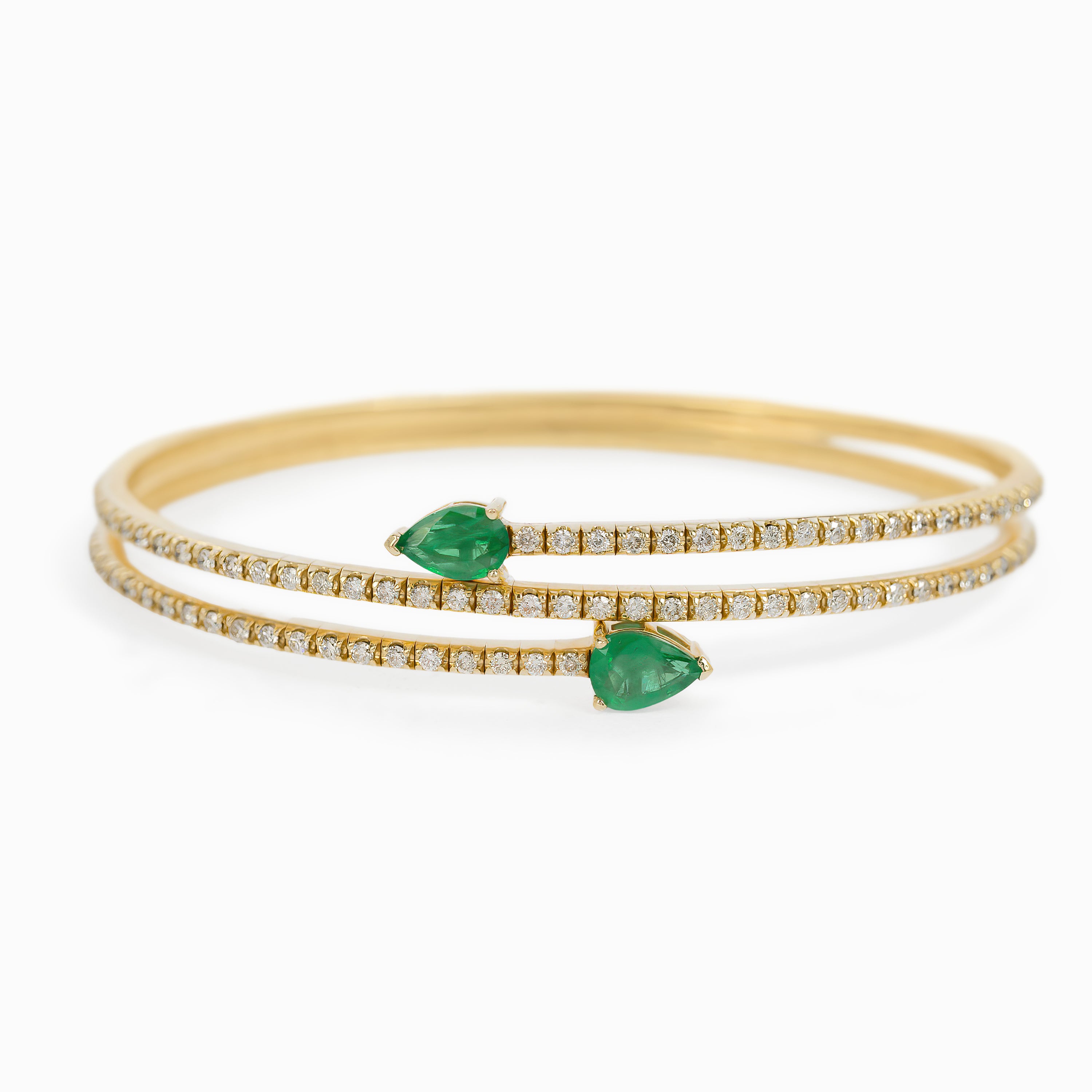 Yellow Gold Bangle Bracelet With Diamond, Emerald Stones