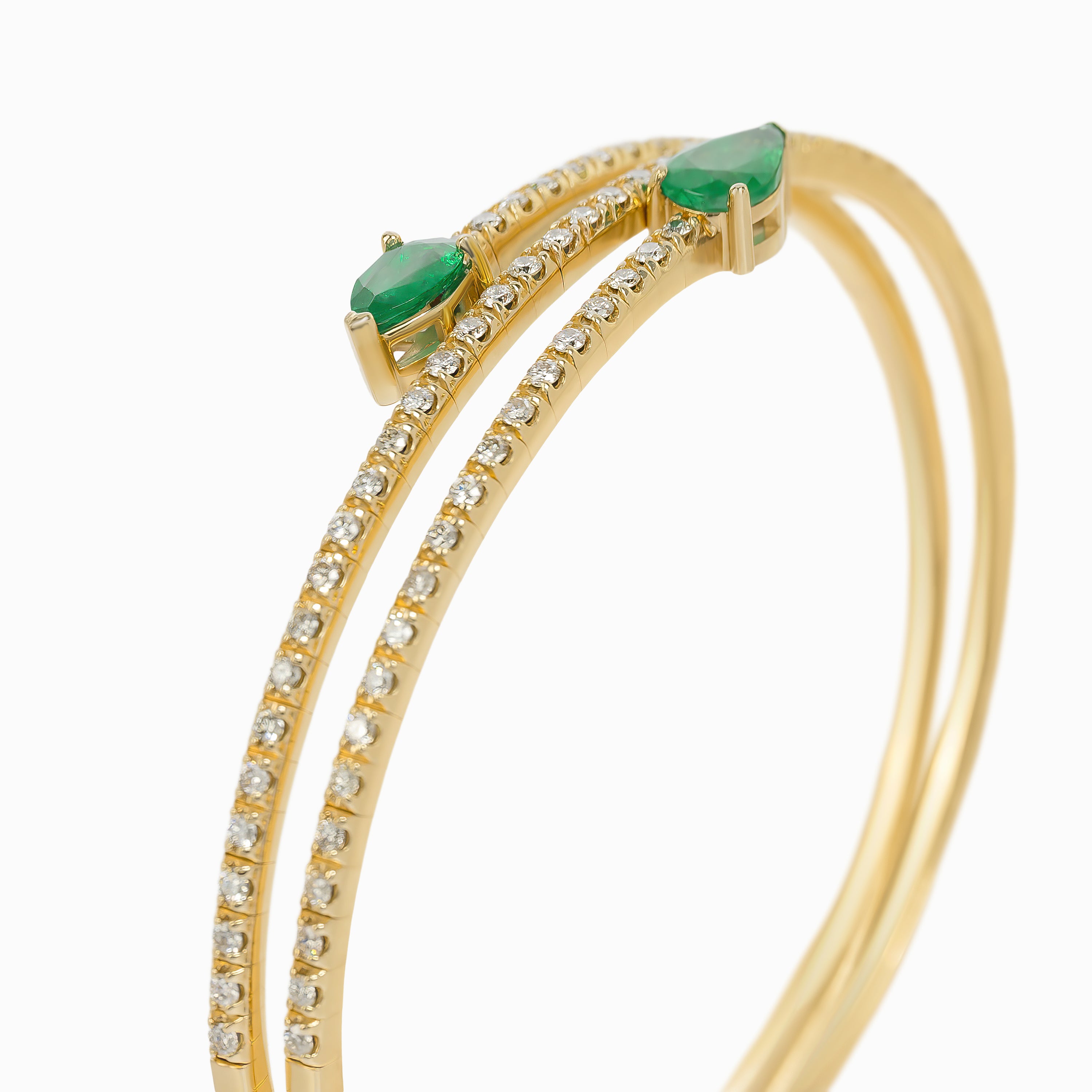 Yellow Gold Bangle Bracelet With Diamond, Emerald Stones