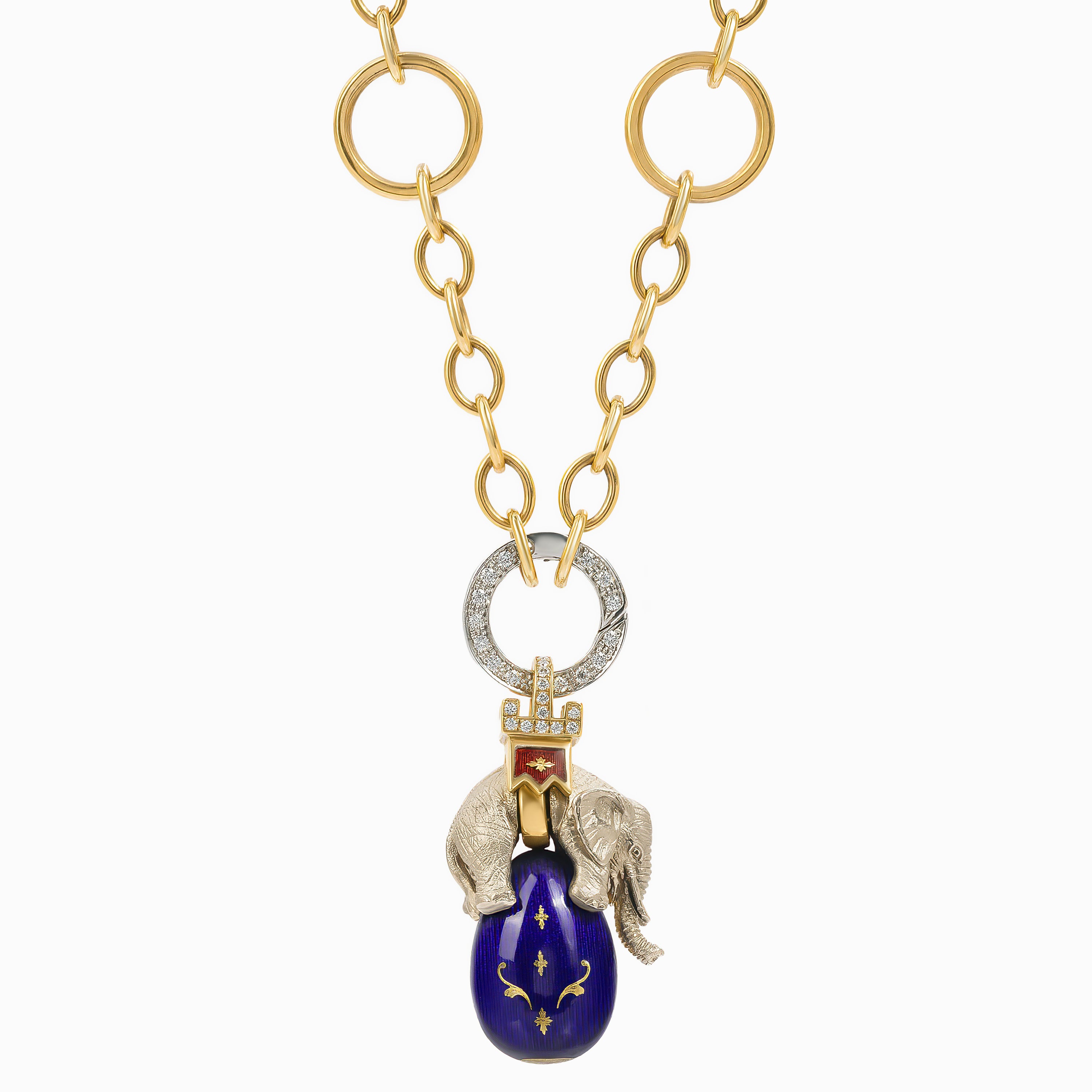 Yellow Gold Chain Pendant Necklace with Diamond, Enamel Stones
