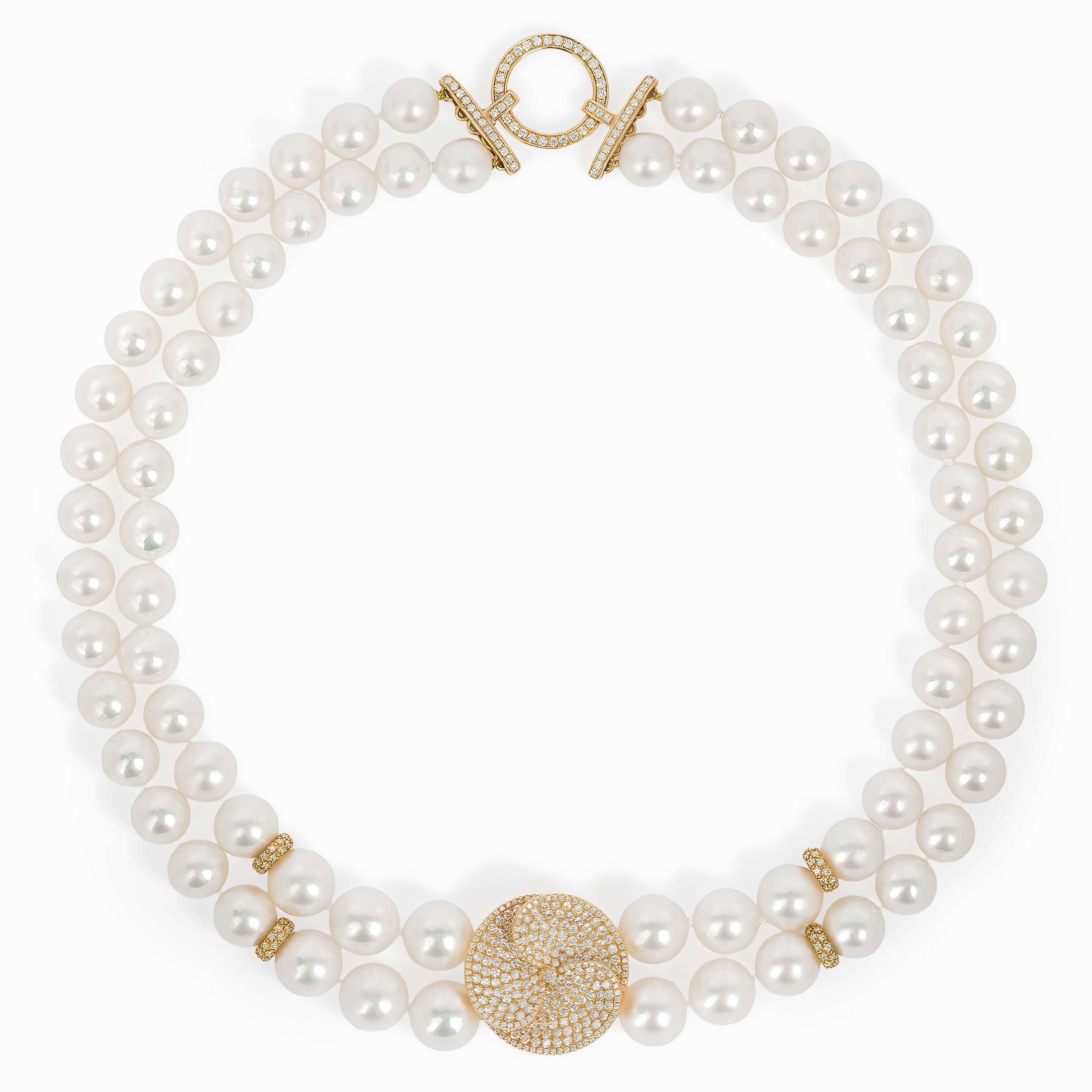 Yellow Gold Bead Necklace with Diamond, Pearl Stones