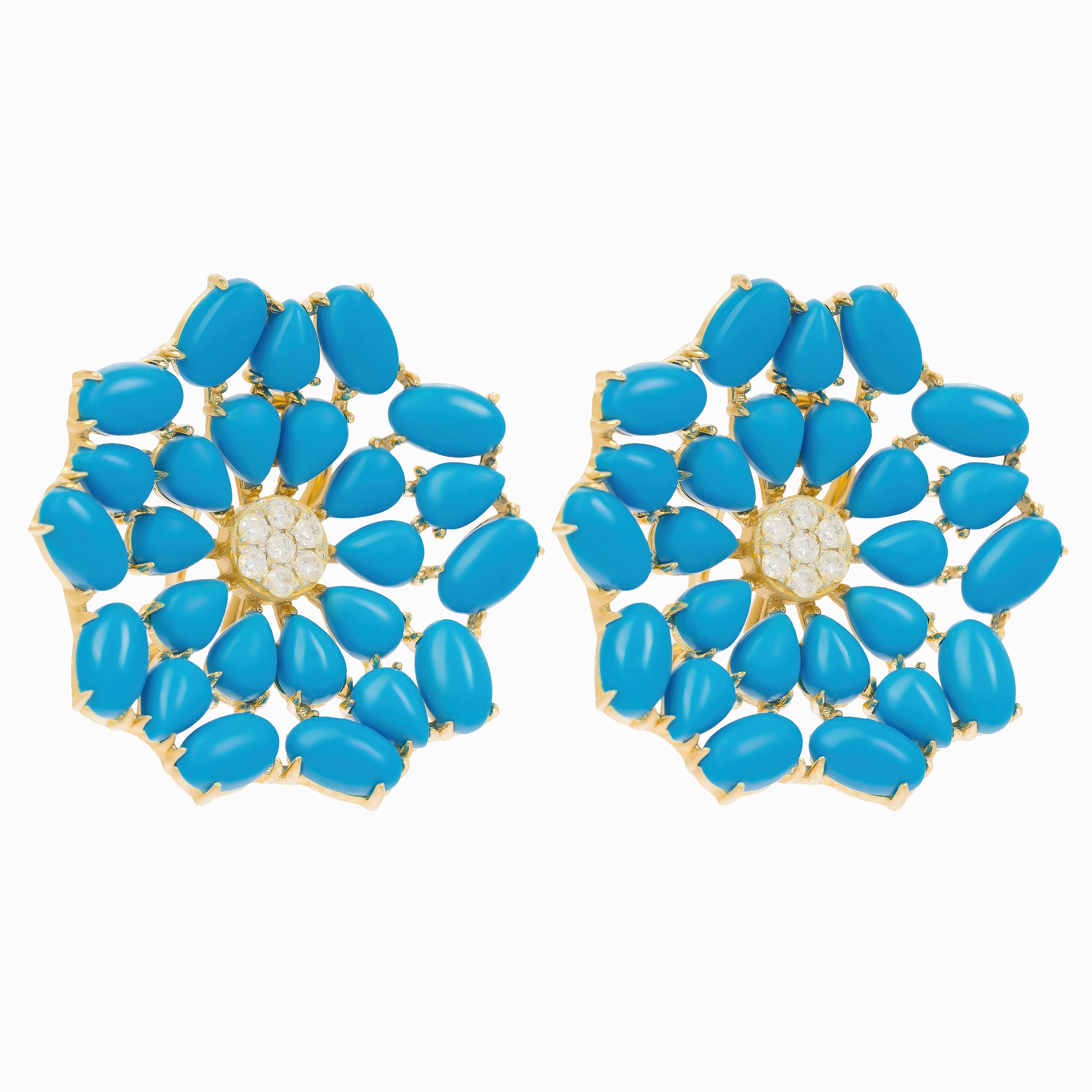 Yellow Gold Stud Earrings with Diamond, Turquoise Stones