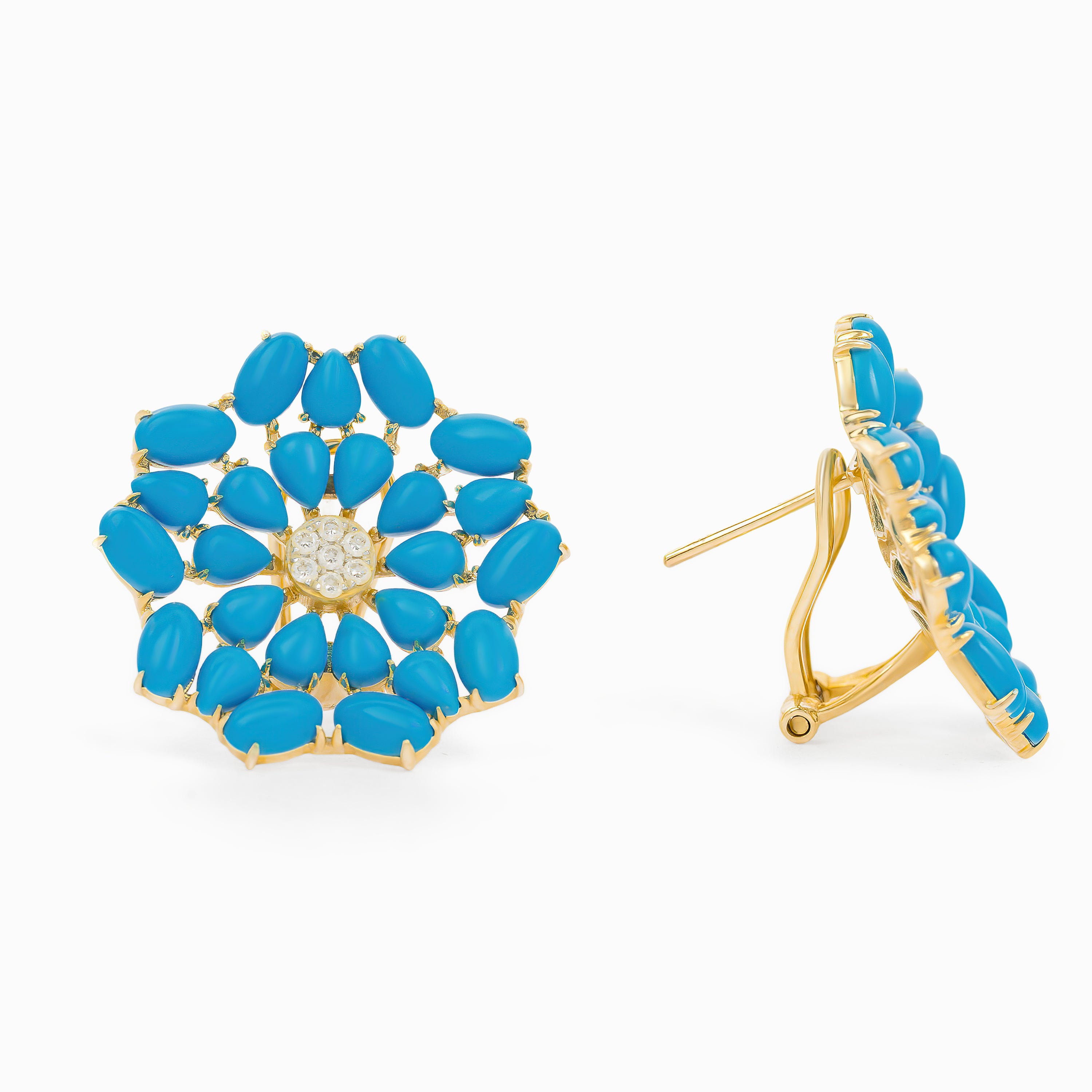 Yellow Gold Stud Earrings with Diamond, Turquoise Stones