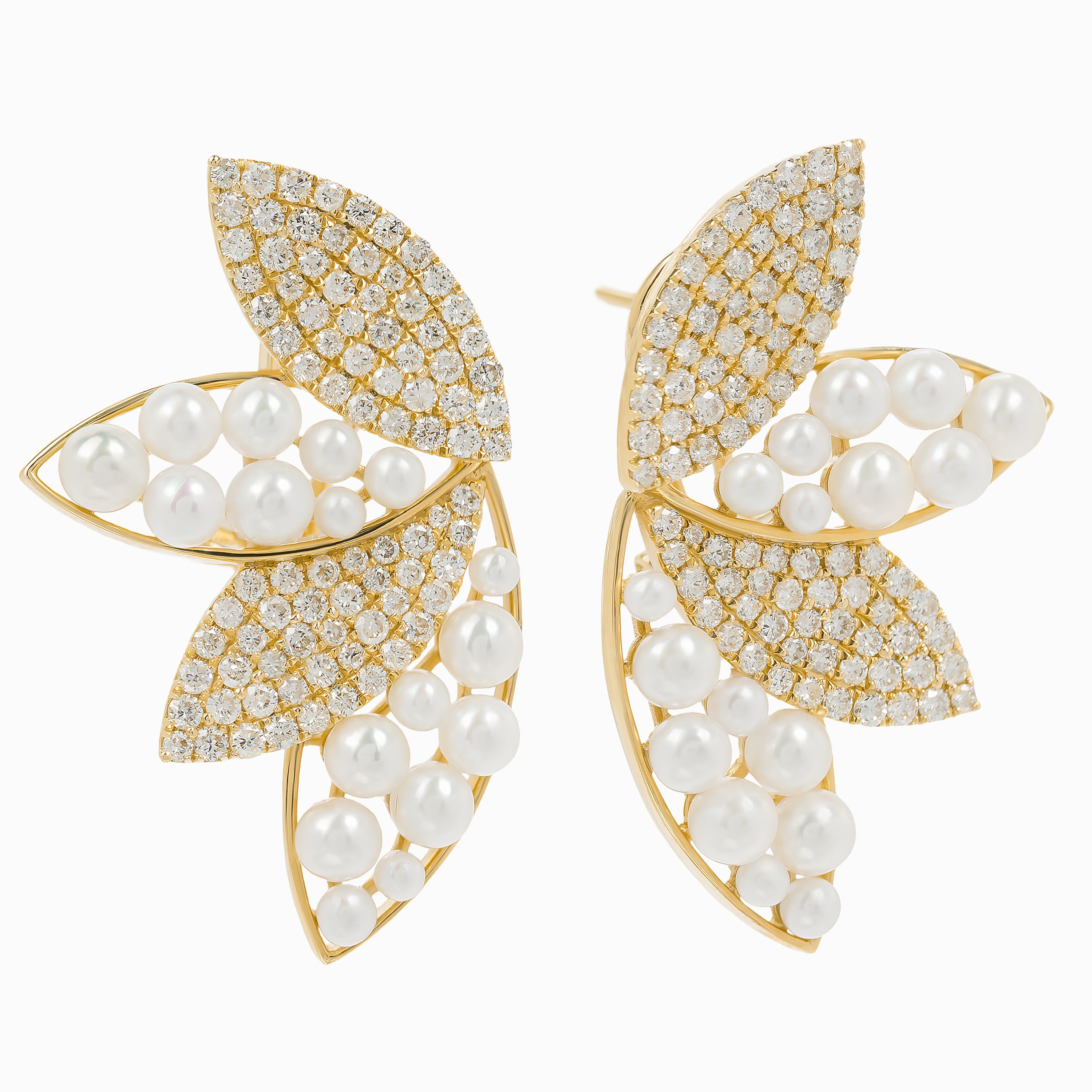 Yellow Gold Stud Earrings with Diamond, Pearl Stones