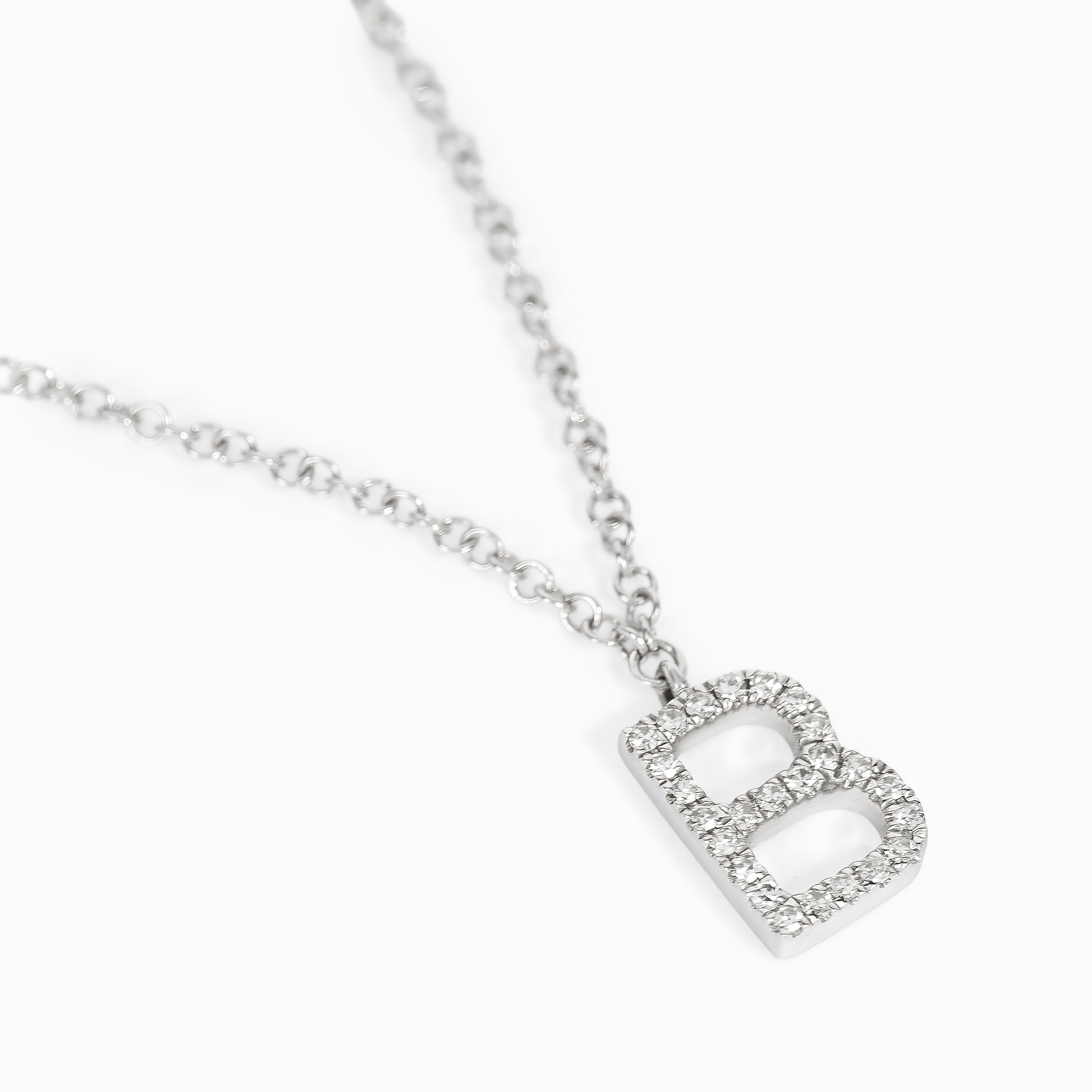 Letter B White Gold Pendant Initial Necklace with Diamond Only Stones