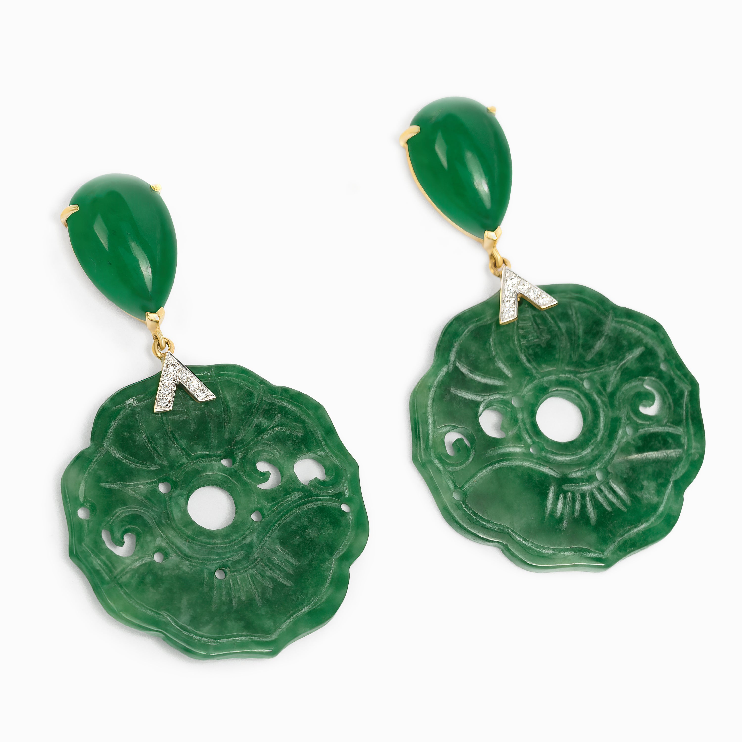 Yellow Gold Drop Earrings With Jade, Diamond Stones