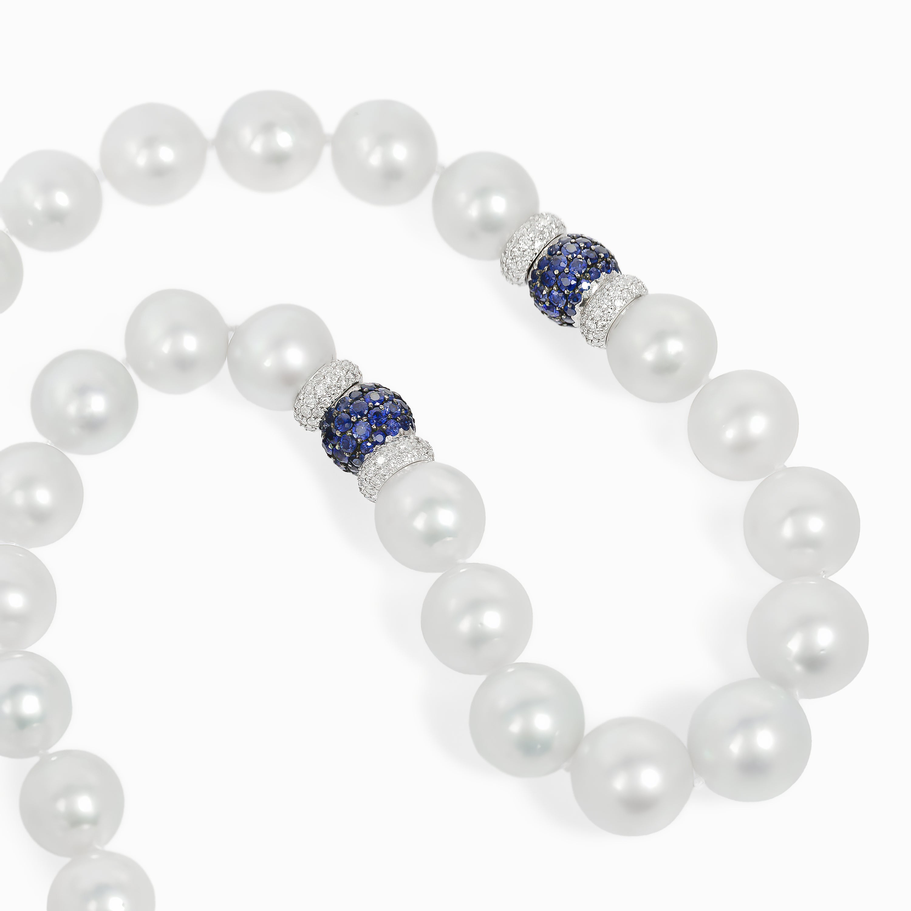 White Gold Bead Necklace with Diamond, Pearl, Sapphire Stones