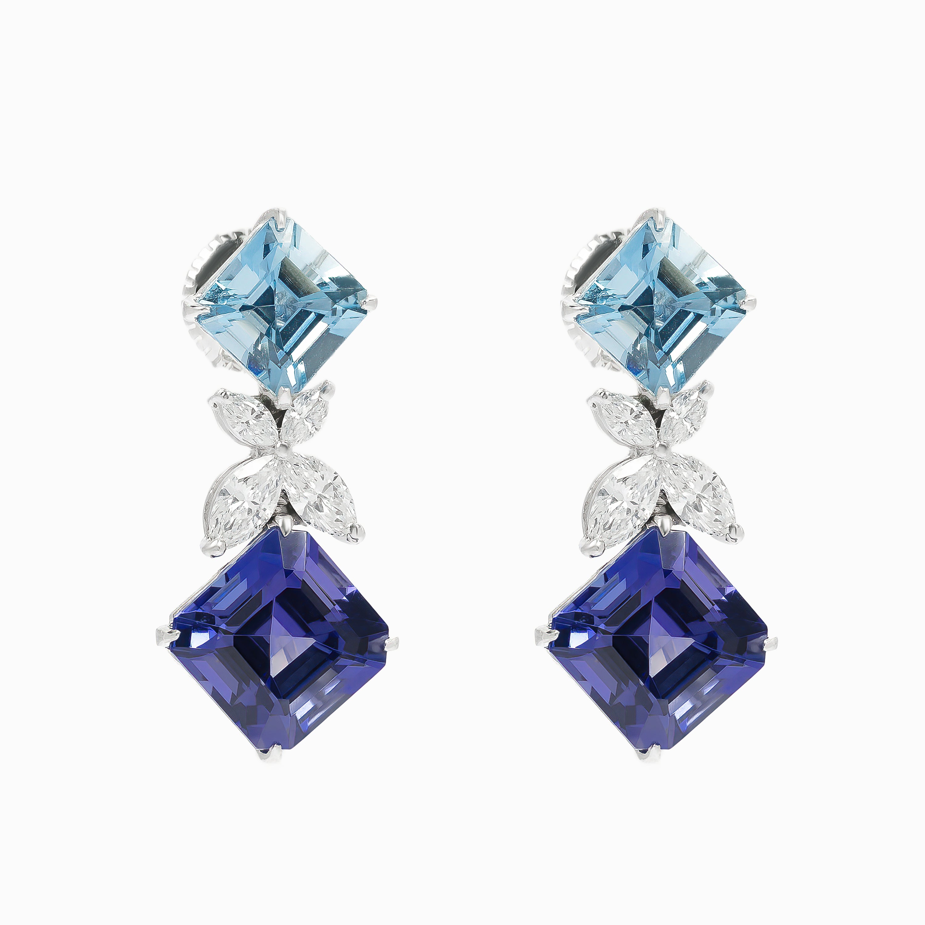 White Gold Drop Earrings with Aquamarine, Tanzanite Stones