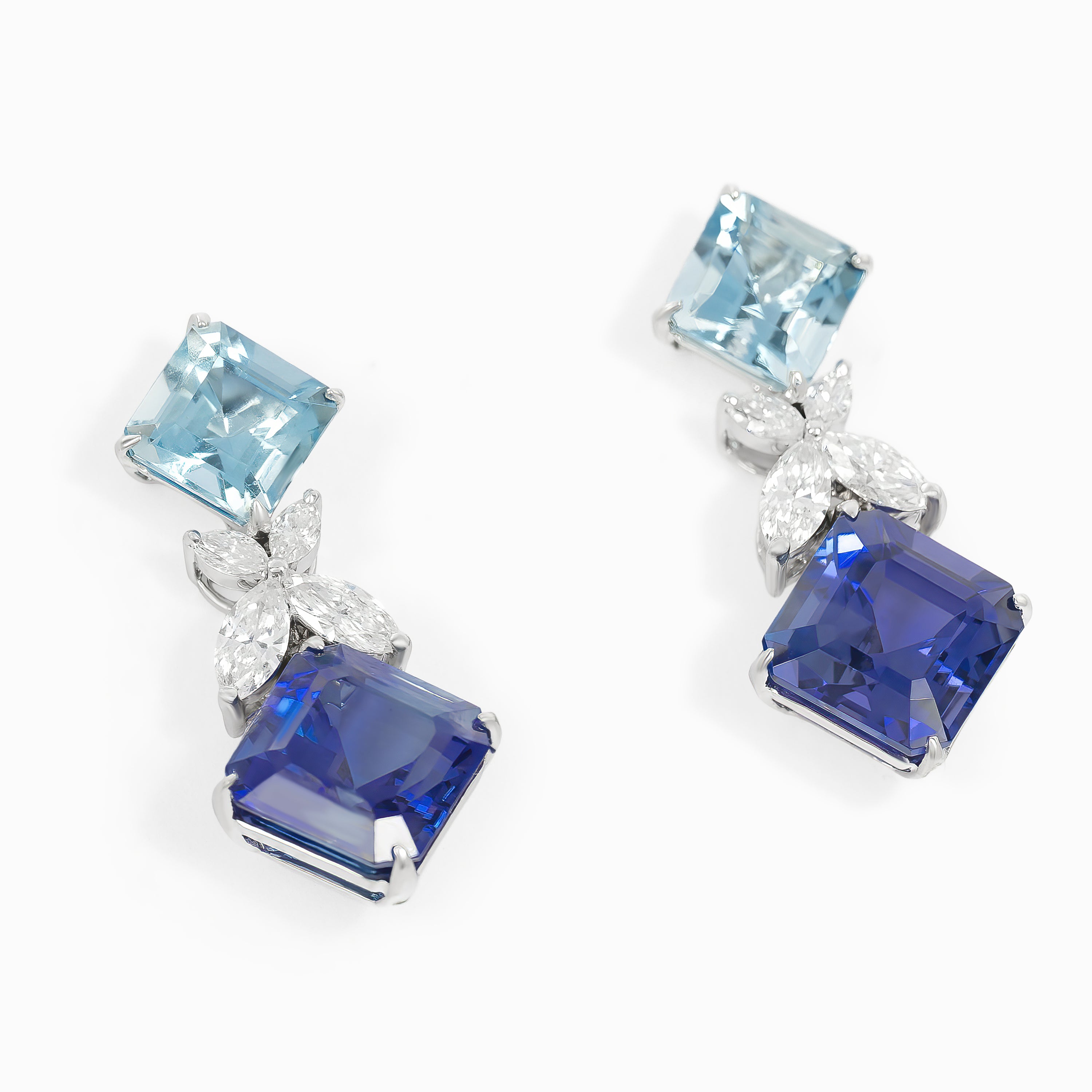 White Gold Drop Earrings with Aquamarine, Tanzanite Stones
