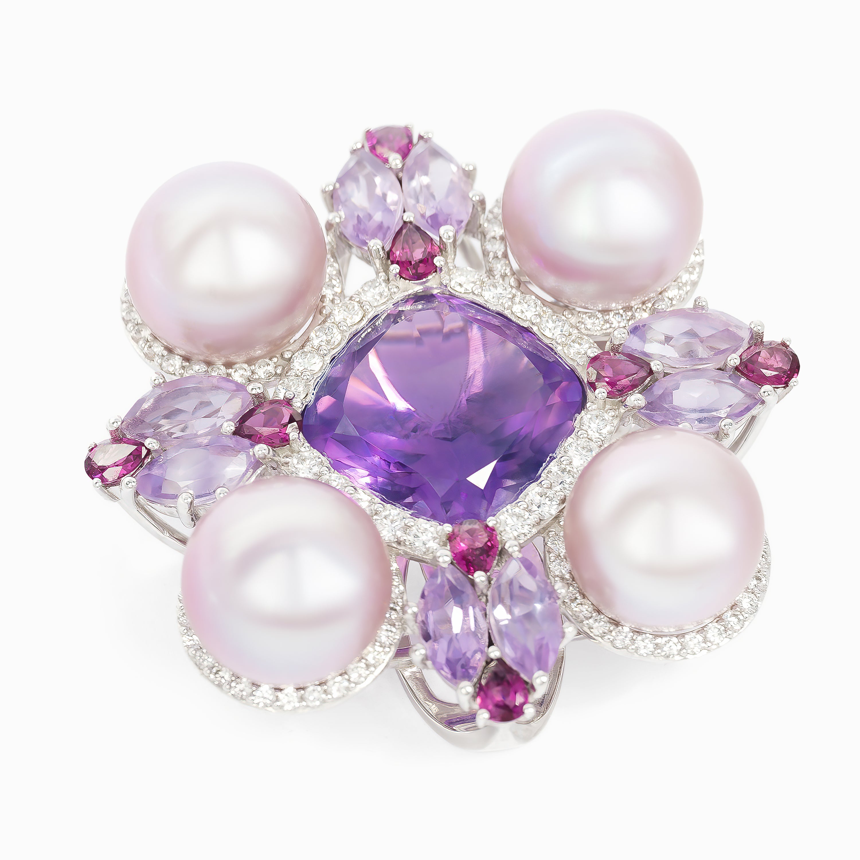 White Gold Gemstone Y-Shape Brooch with Amethyst, Diamond, Pearl, Rhodolite Stones