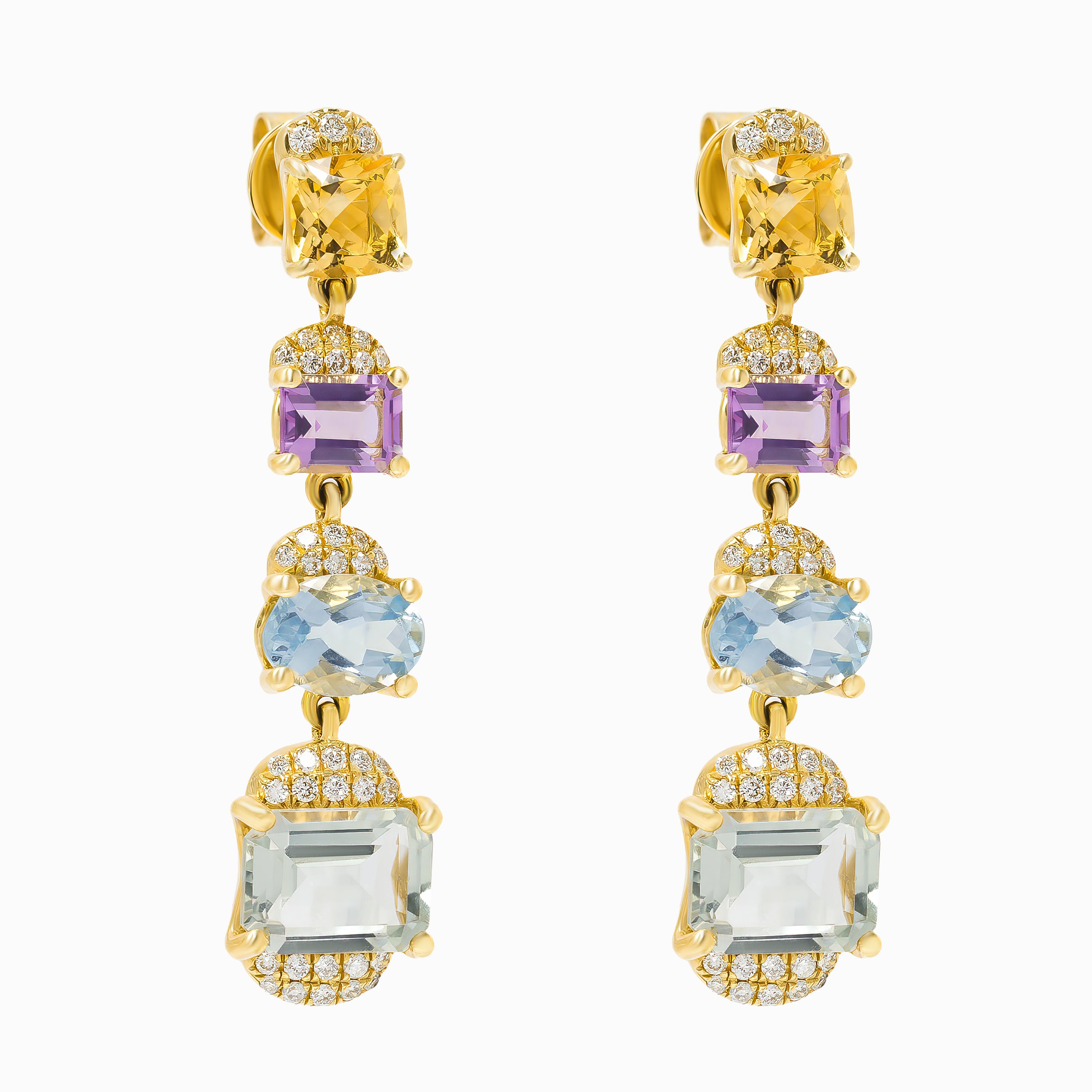 Yellow Gold Drop Earrings With Diamond, Citrine, Amethyst, Aquamarine, Garnet Stones
