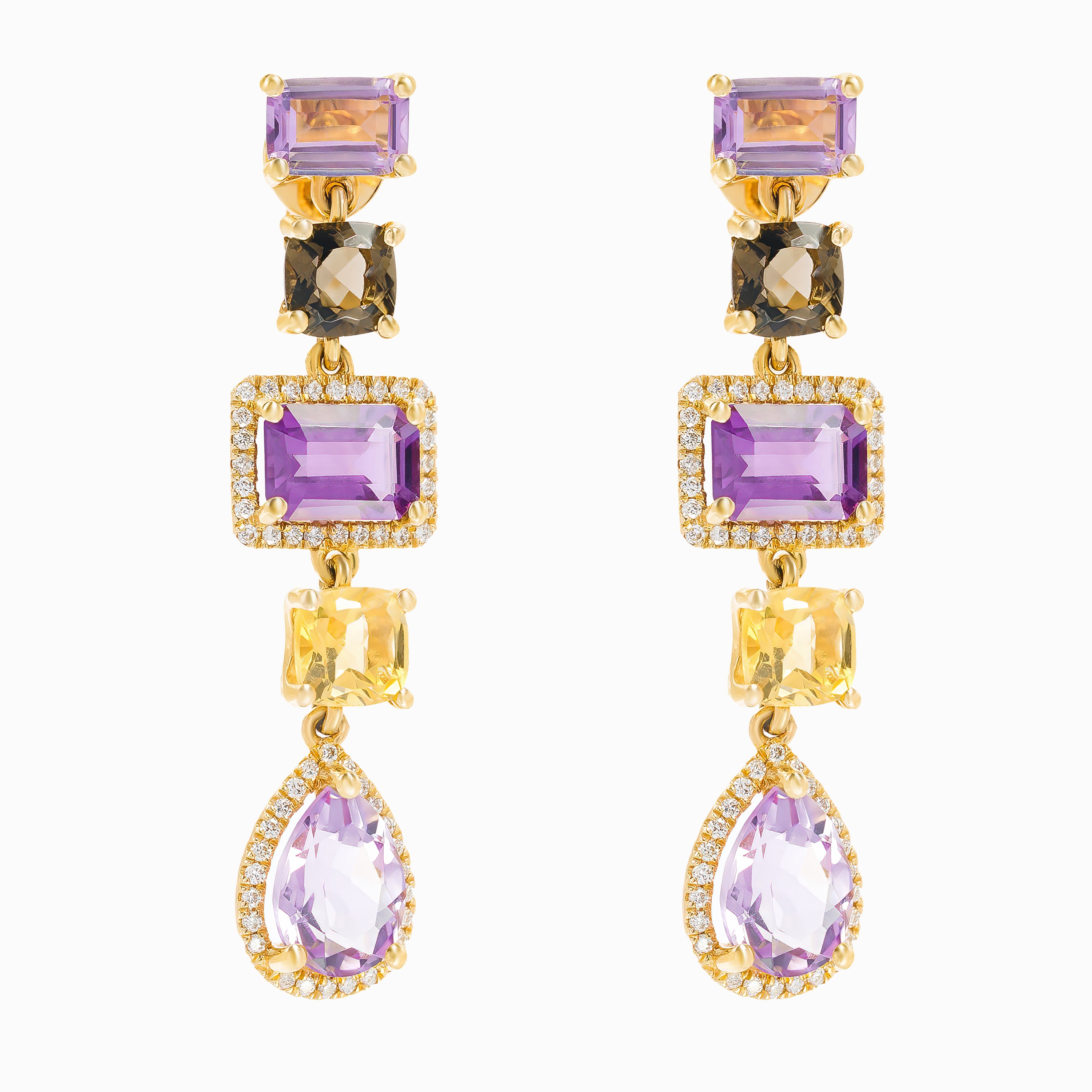 Rose Gold Drop Earrings with Amethyst, Citrine, Diamond Stones