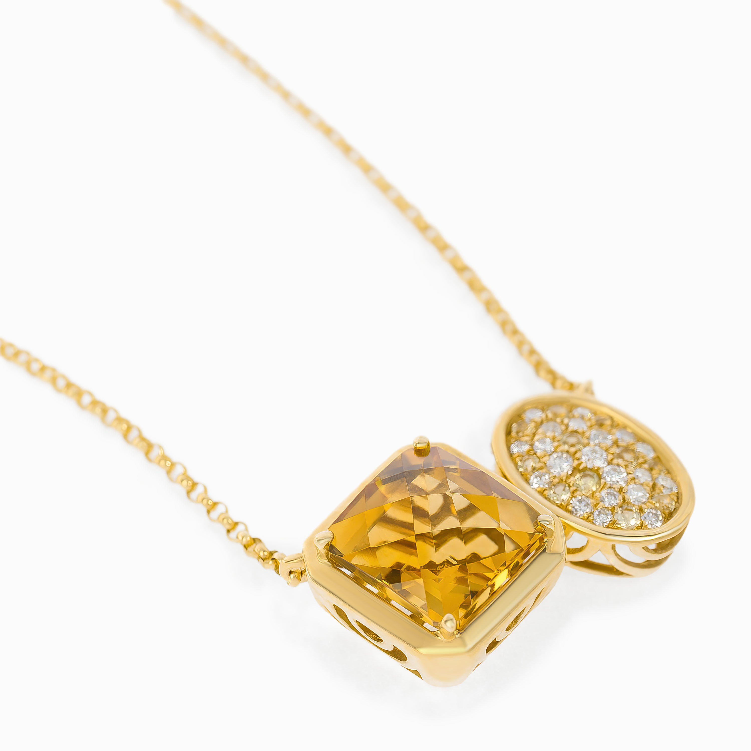 Yellow Gold Pendant Necklace with Citrine, Diamond Stones