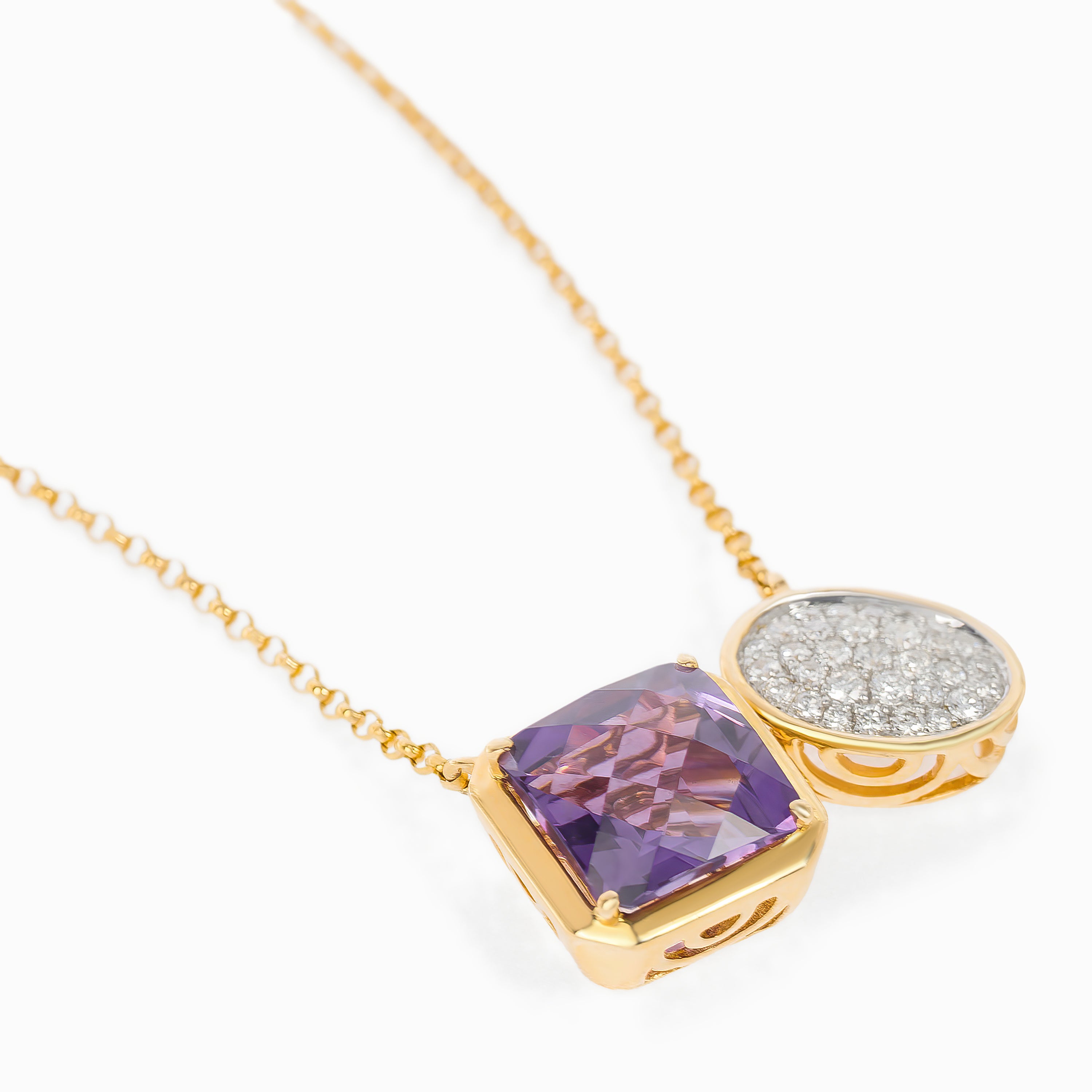 Rose Gold Pendant Necklace with Amethyst, Diamond Stones