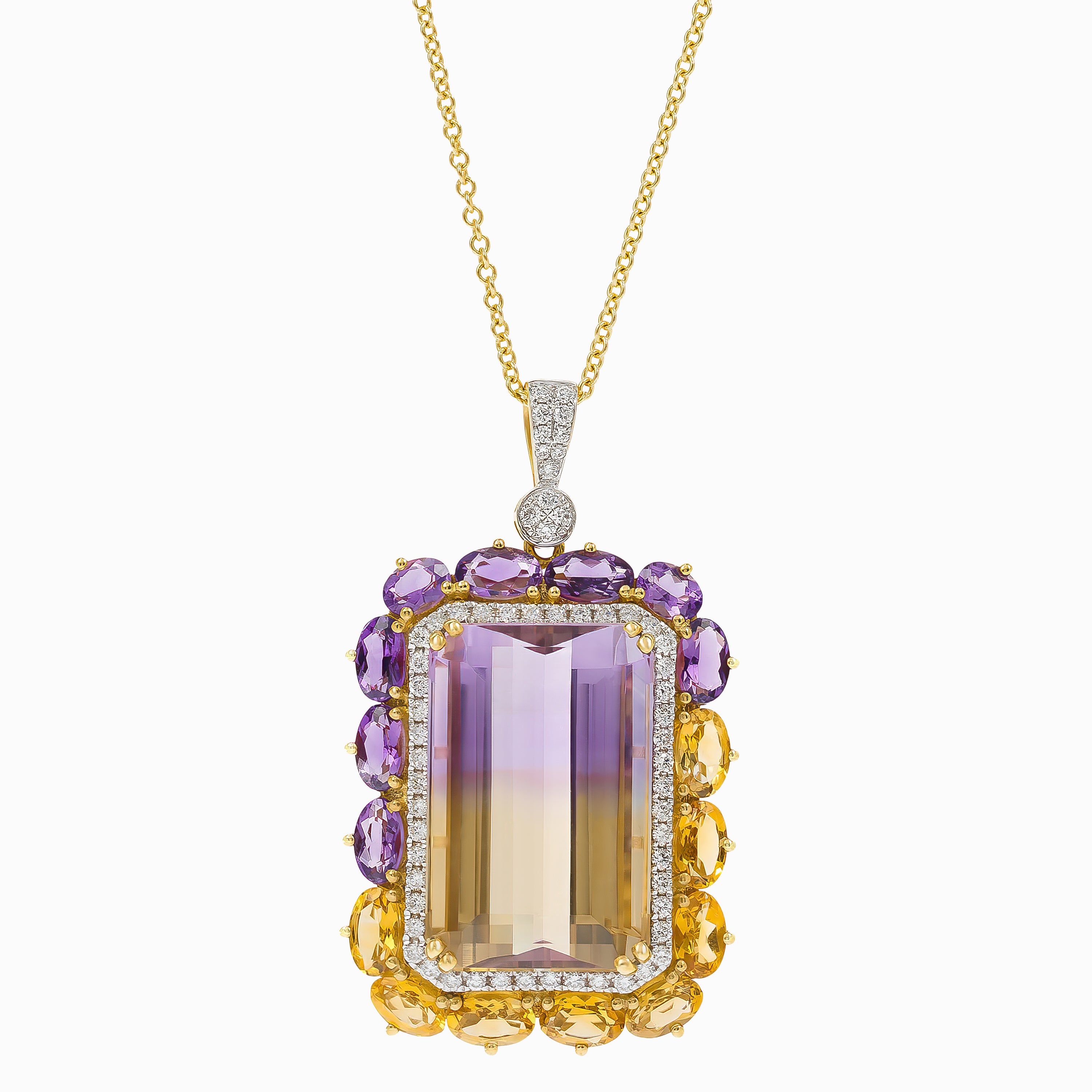 Yellow Gold Pendant Necklace with Amethyst, Citrine Stones