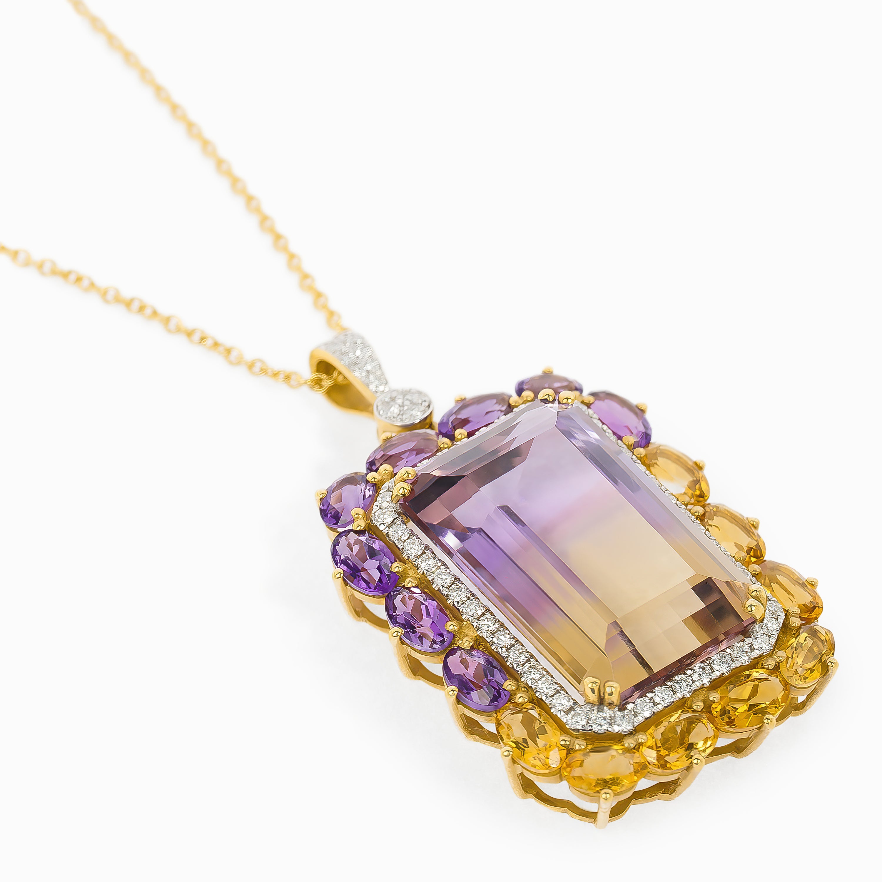 Yellow Gold Pendant Necklace with Amethyst, Citrine Stones