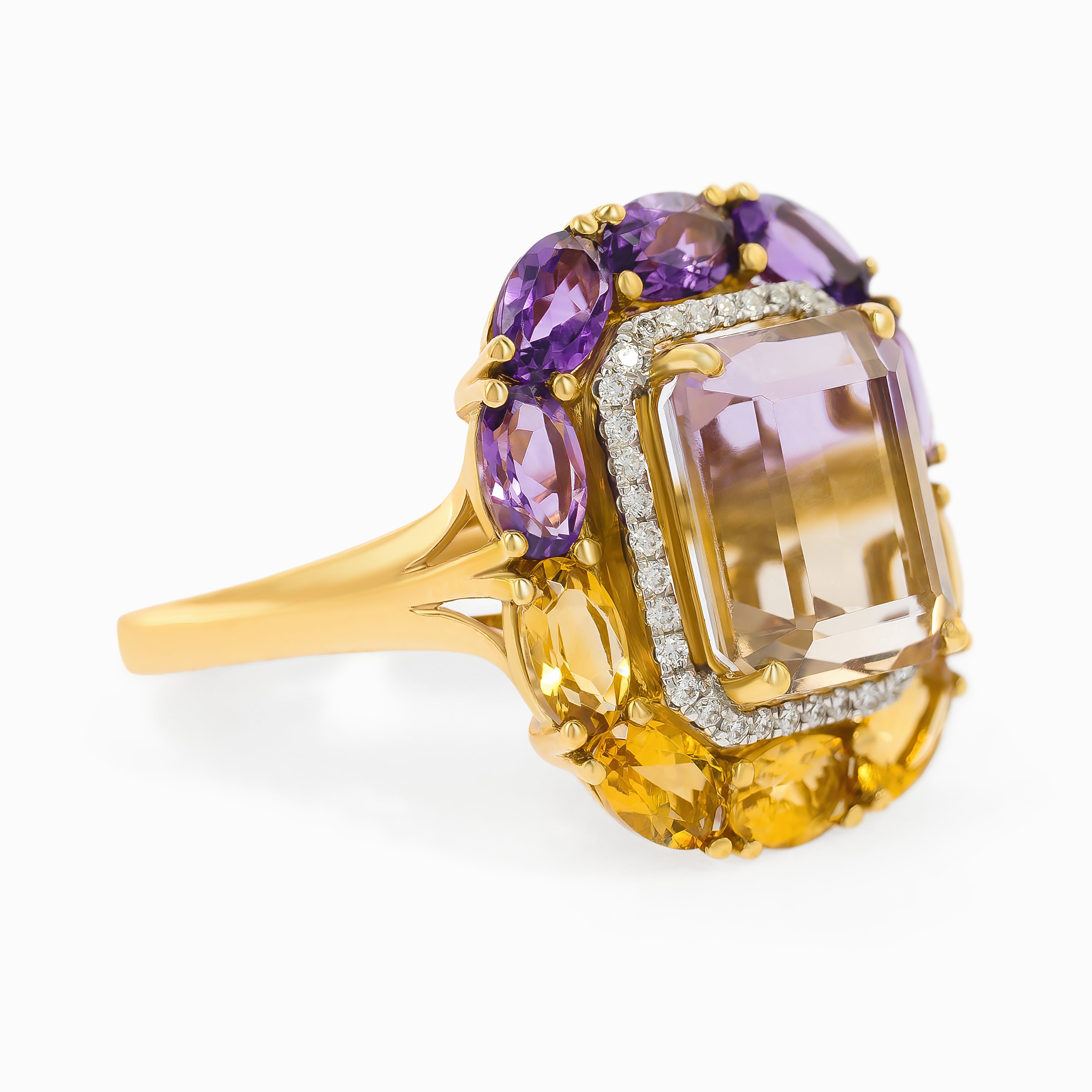 Yellow Gold Ring with Amethyst, Citrine Stones