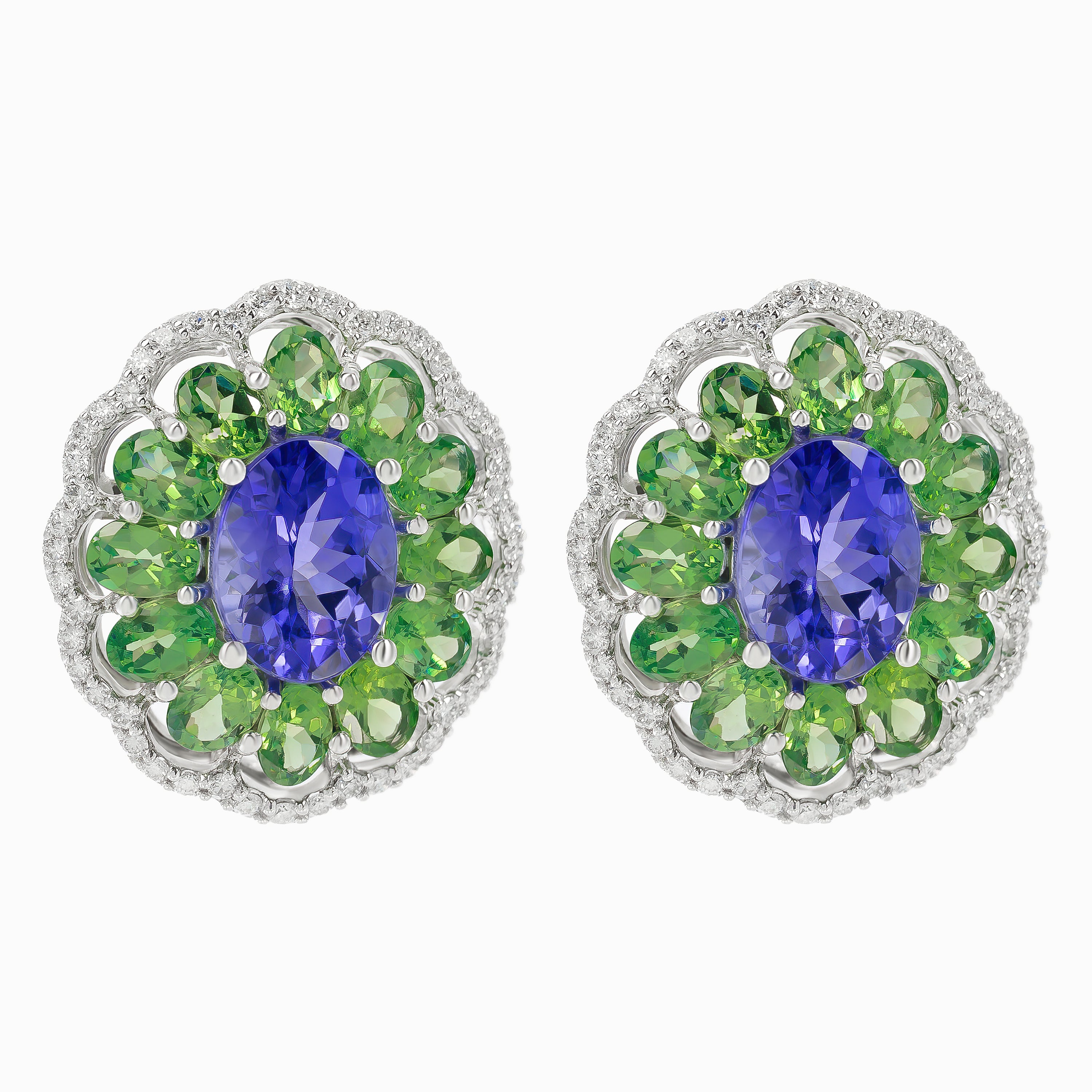 White Gold Stud Earrings with Diamond, Tanzanite, Tsavorite Stones