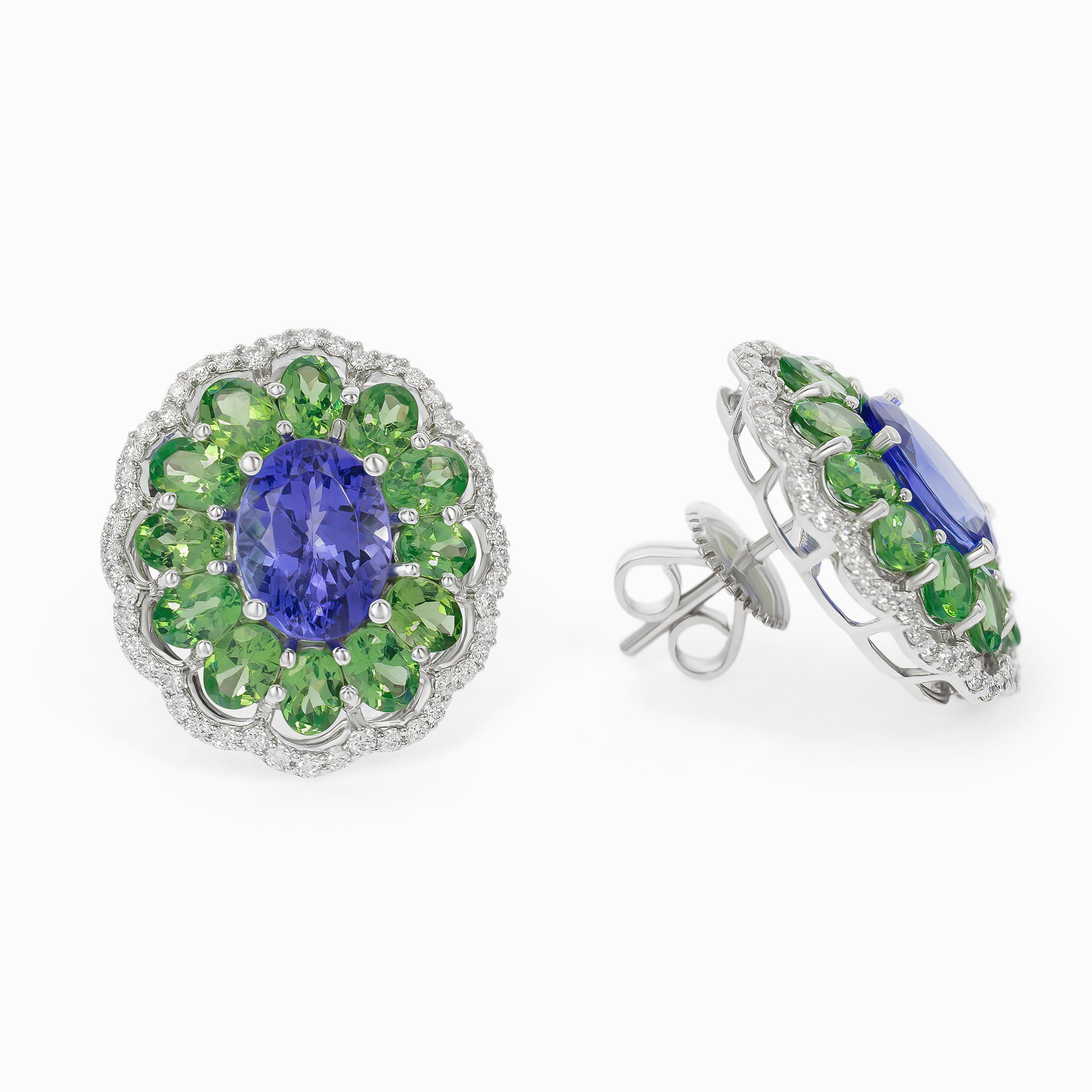 White Gold Stud Earrings with Diamond, Tanzanite, Tsavorite Stones