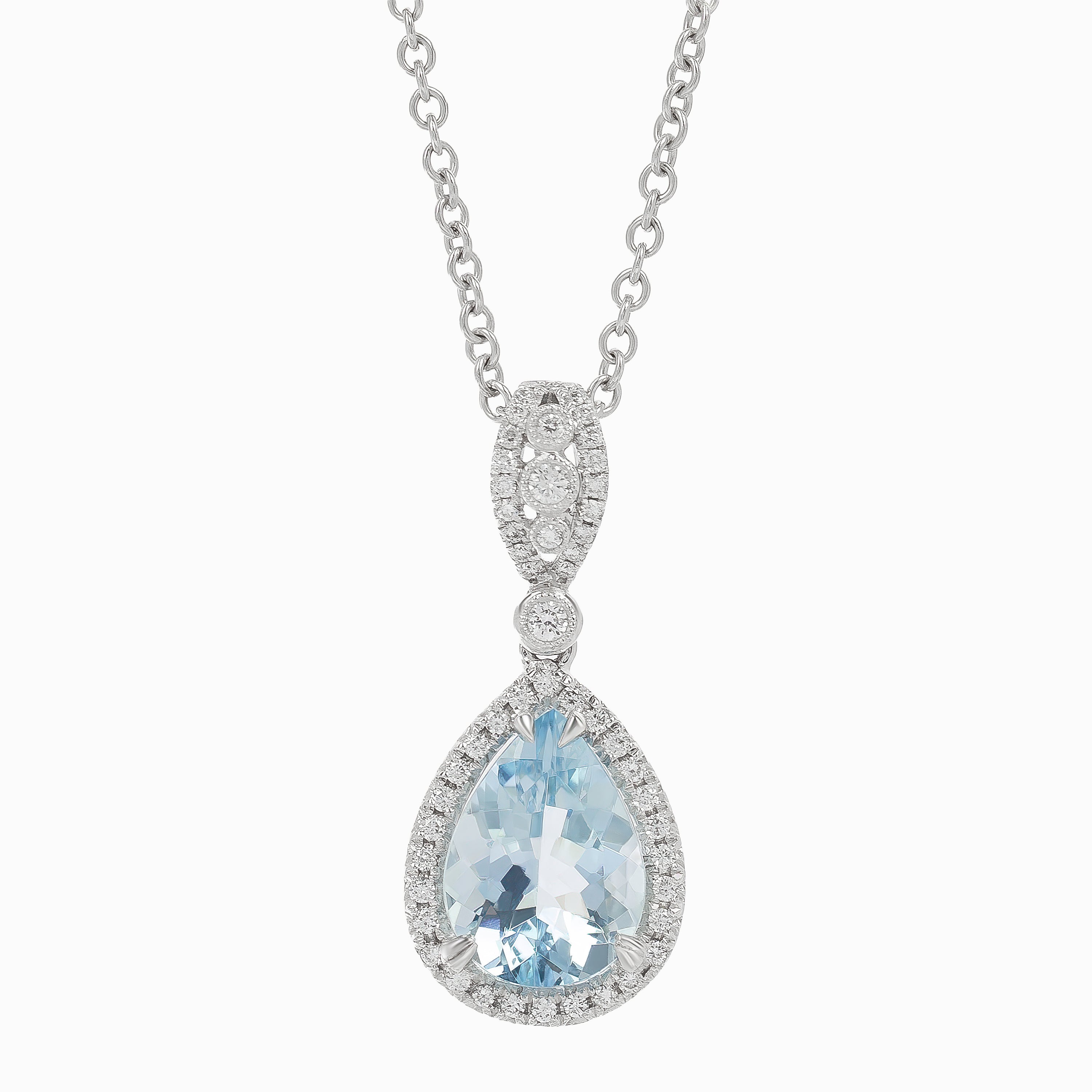 White Gold Pendant Necklace with Aquamarine, Diamond Stones
