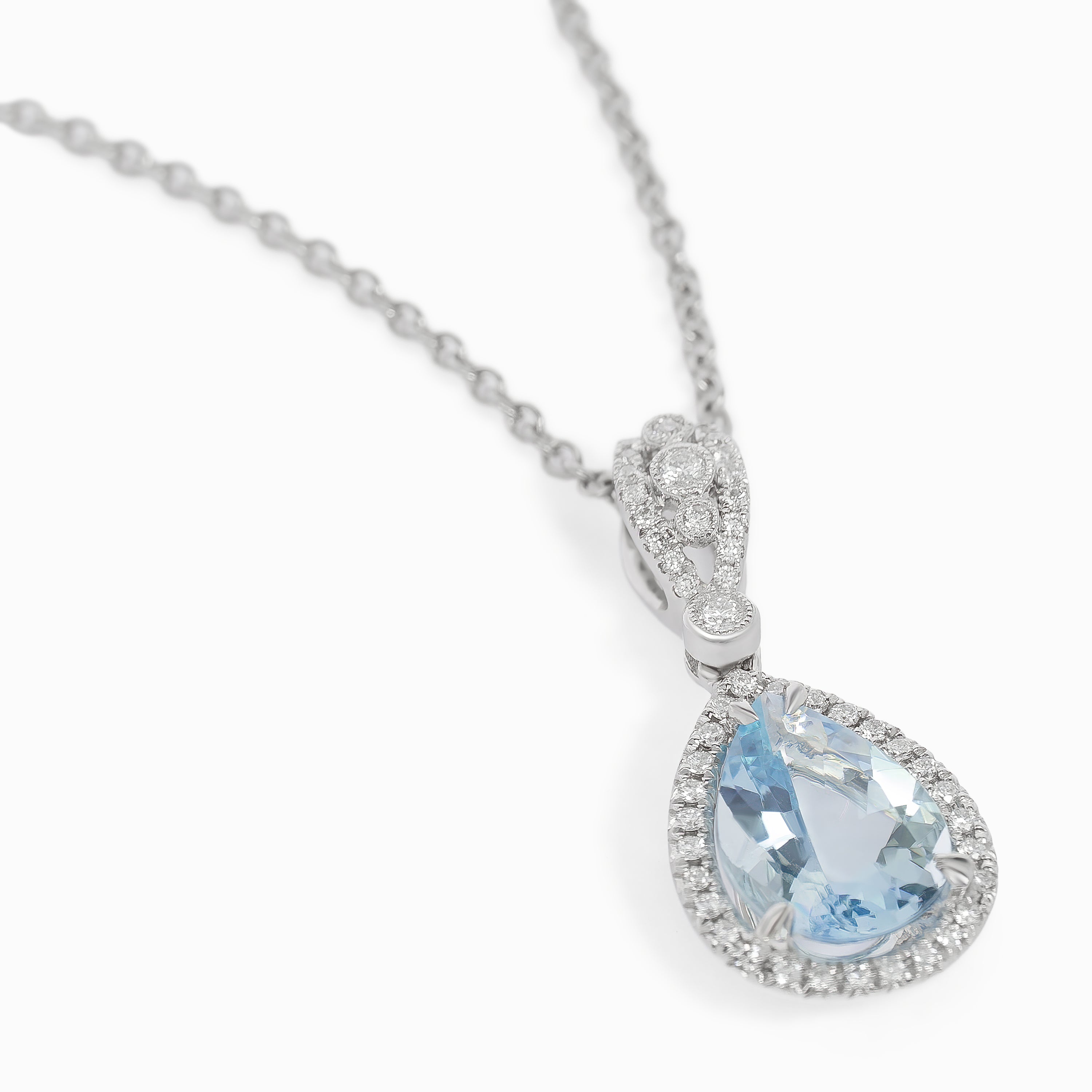 White Gold Pendant Necklace with Aquamarine, Diamond Stones