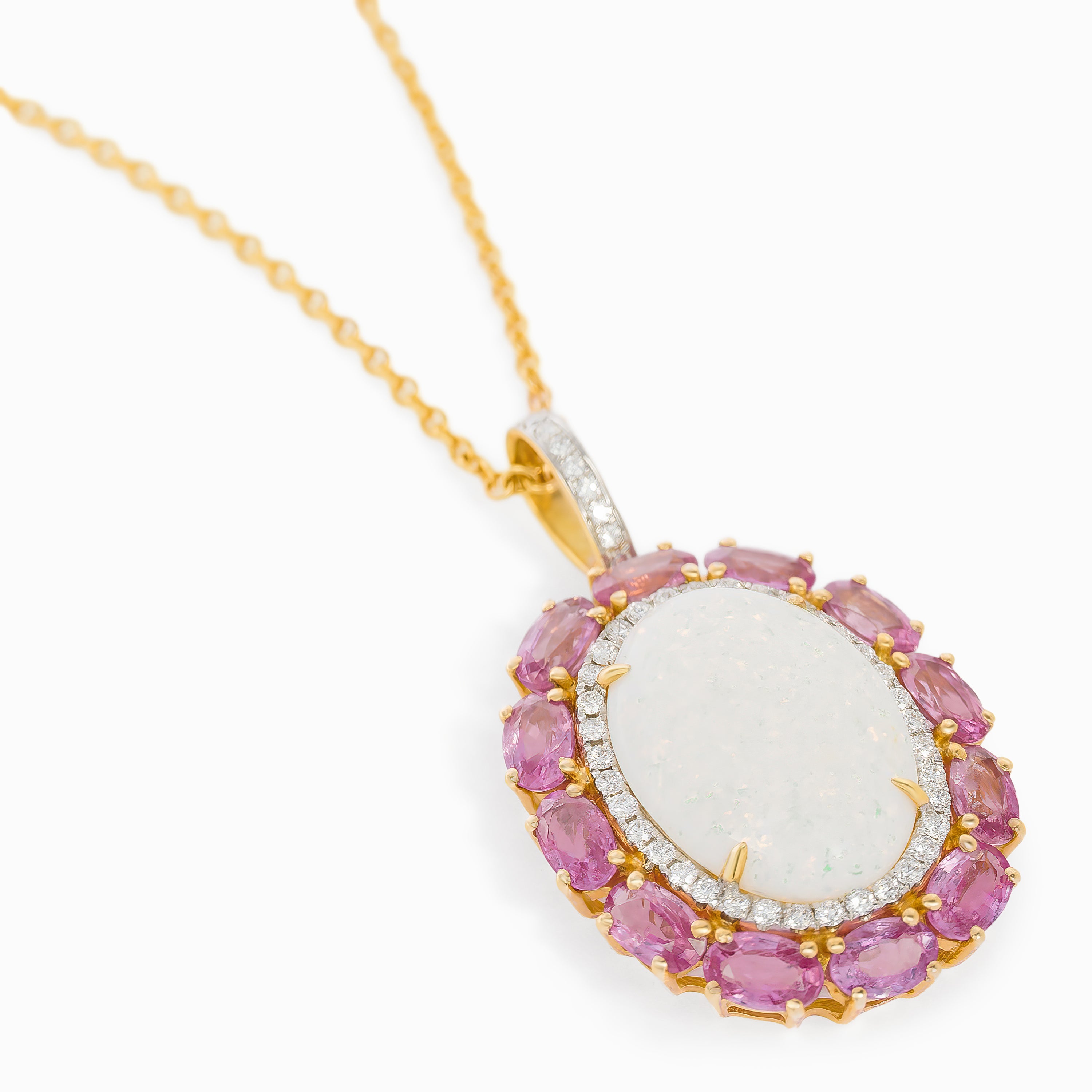 Rose Gold Pendant Necklace with Diamond, Opal, Sapphire Stones