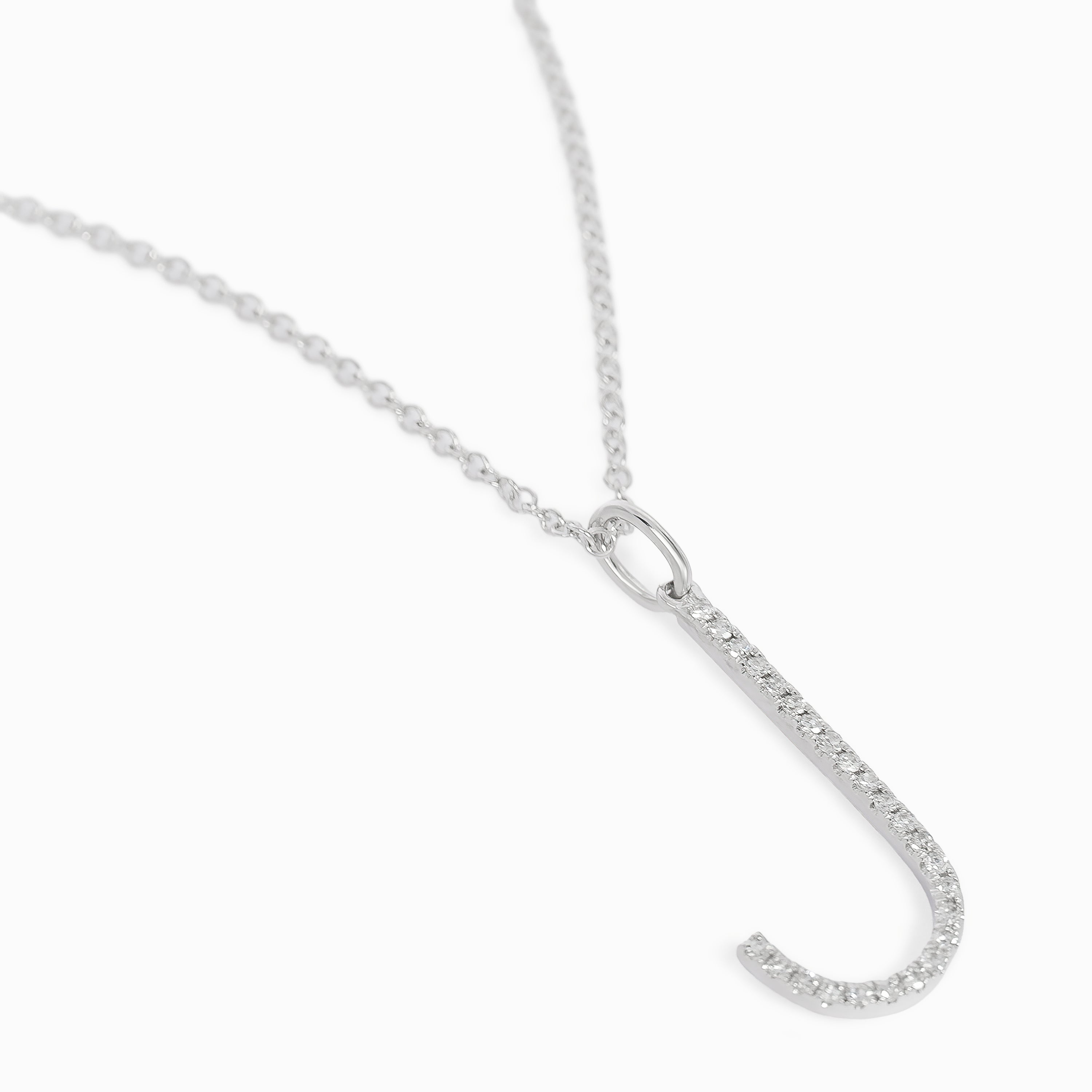 Letter J White Gold Pendant Initial Necklace with Diamond Only Stones