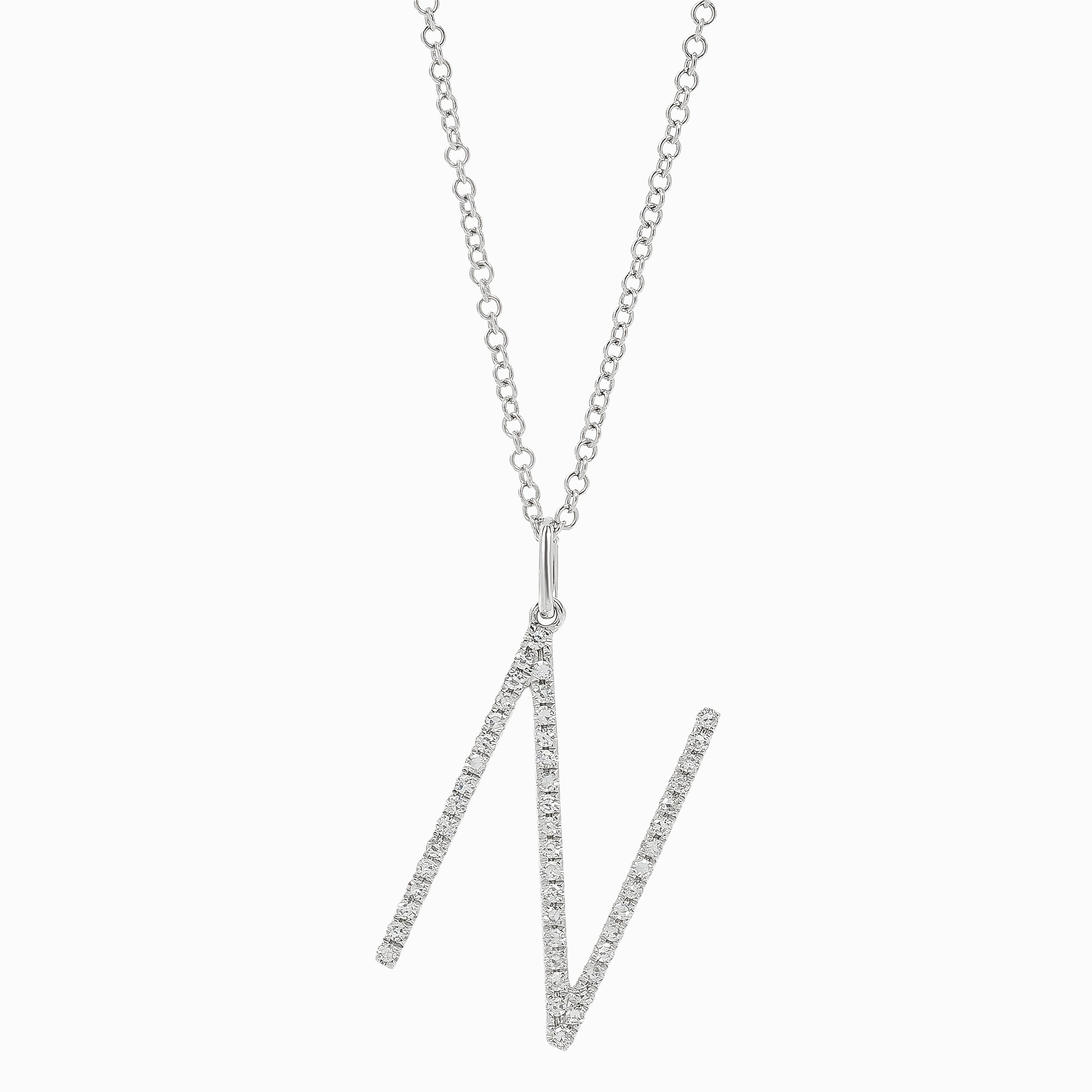 Letter N White Gold Pendant Initial Necklace with Diamond Only Stones