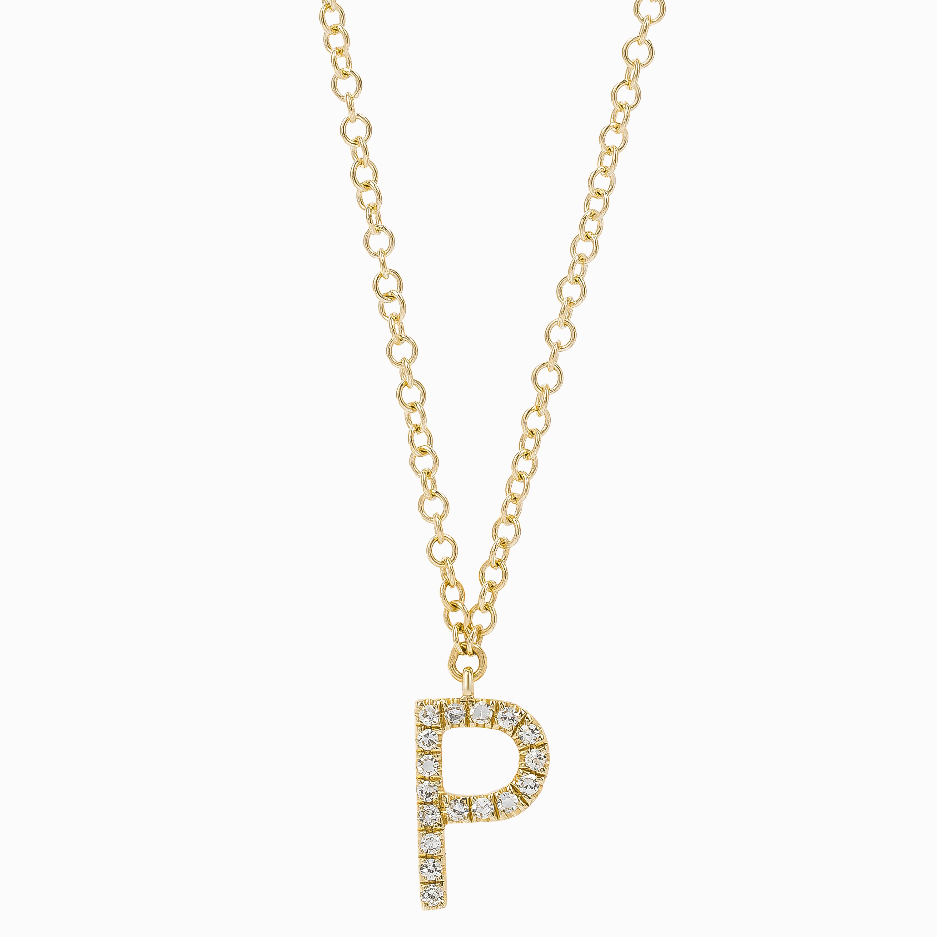 Letter P Yellow Gold Chain Pendant Initial Necklace with Diamond Only Stones