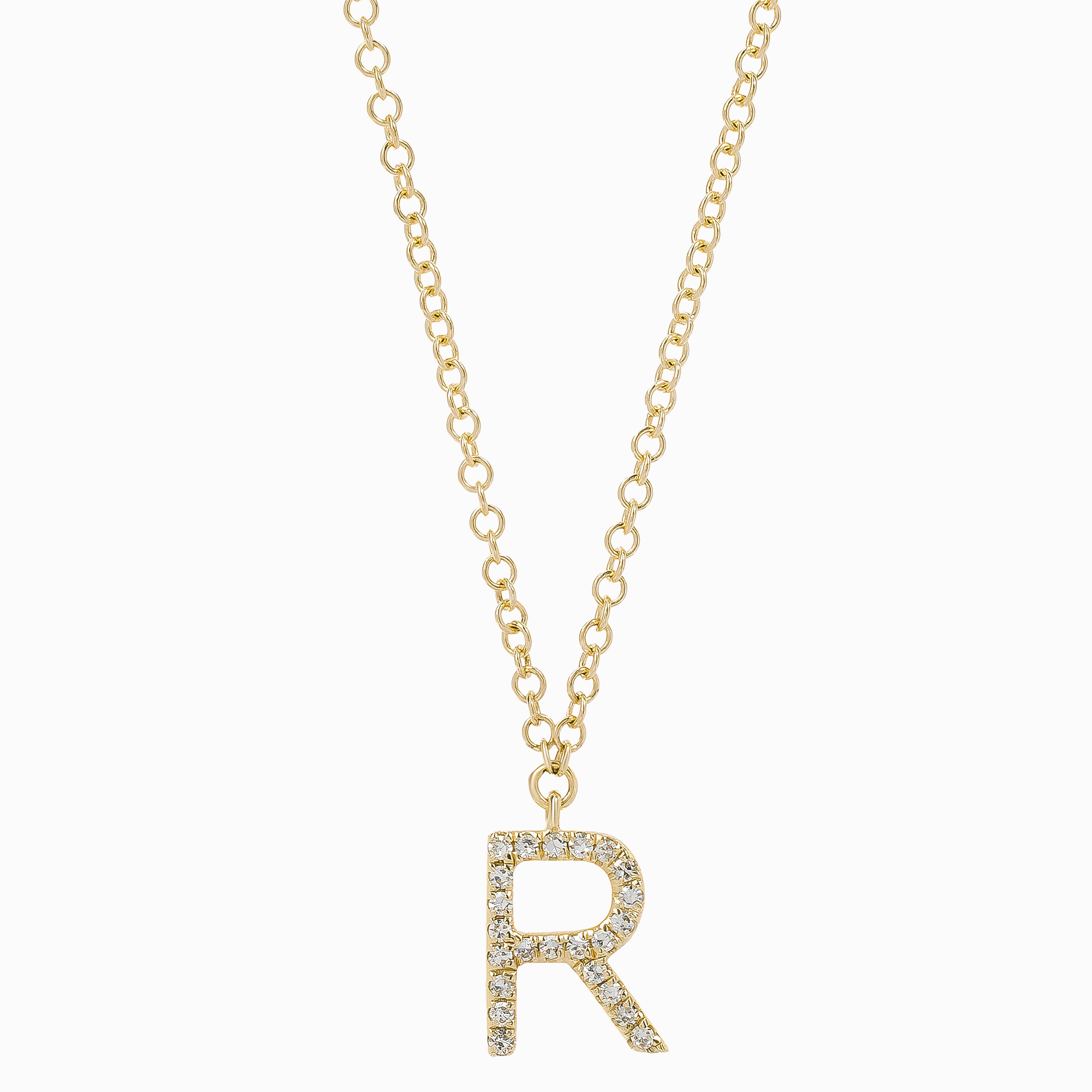 Letter R Yellow Gold Chain Pendant Initial Necklace with Diamond Only Stones