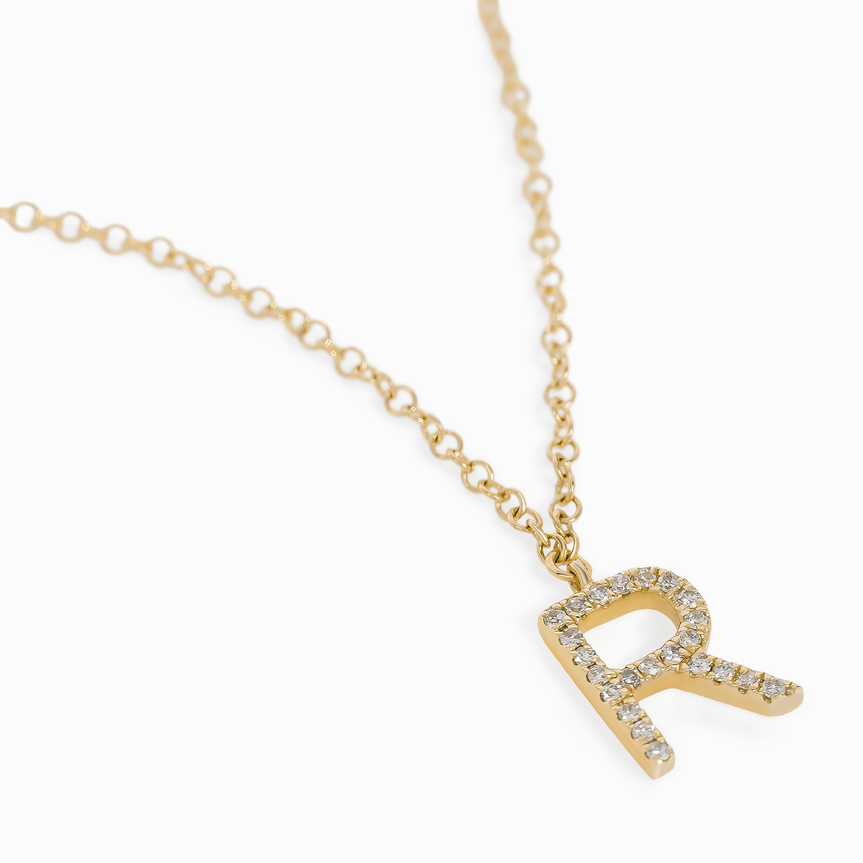 Letter R Yellow Gold Chain Pendant Initial Necklace with Diamond Only Stones