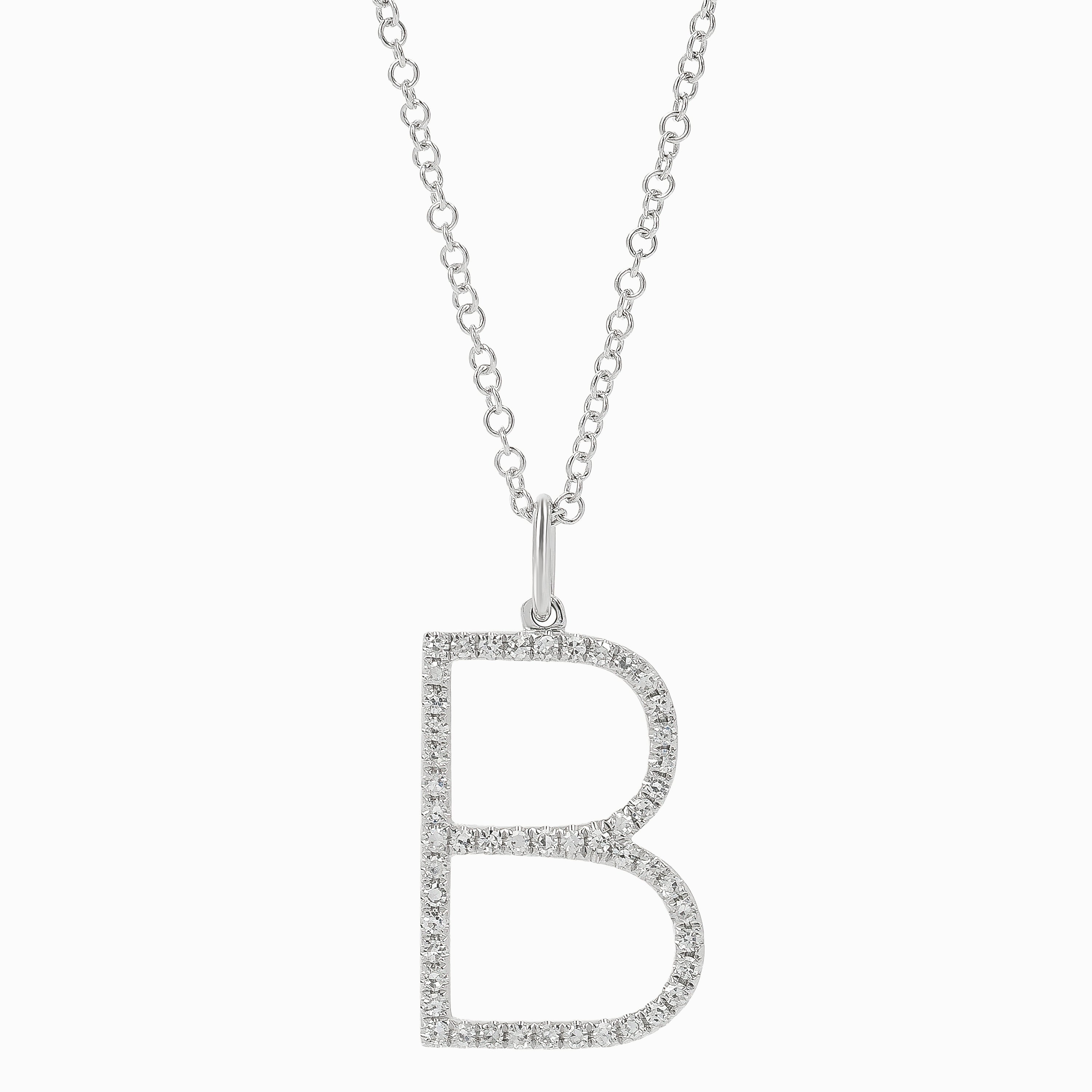 Letter B White Gold Chain Initial Necklace with Diamond Only Stones