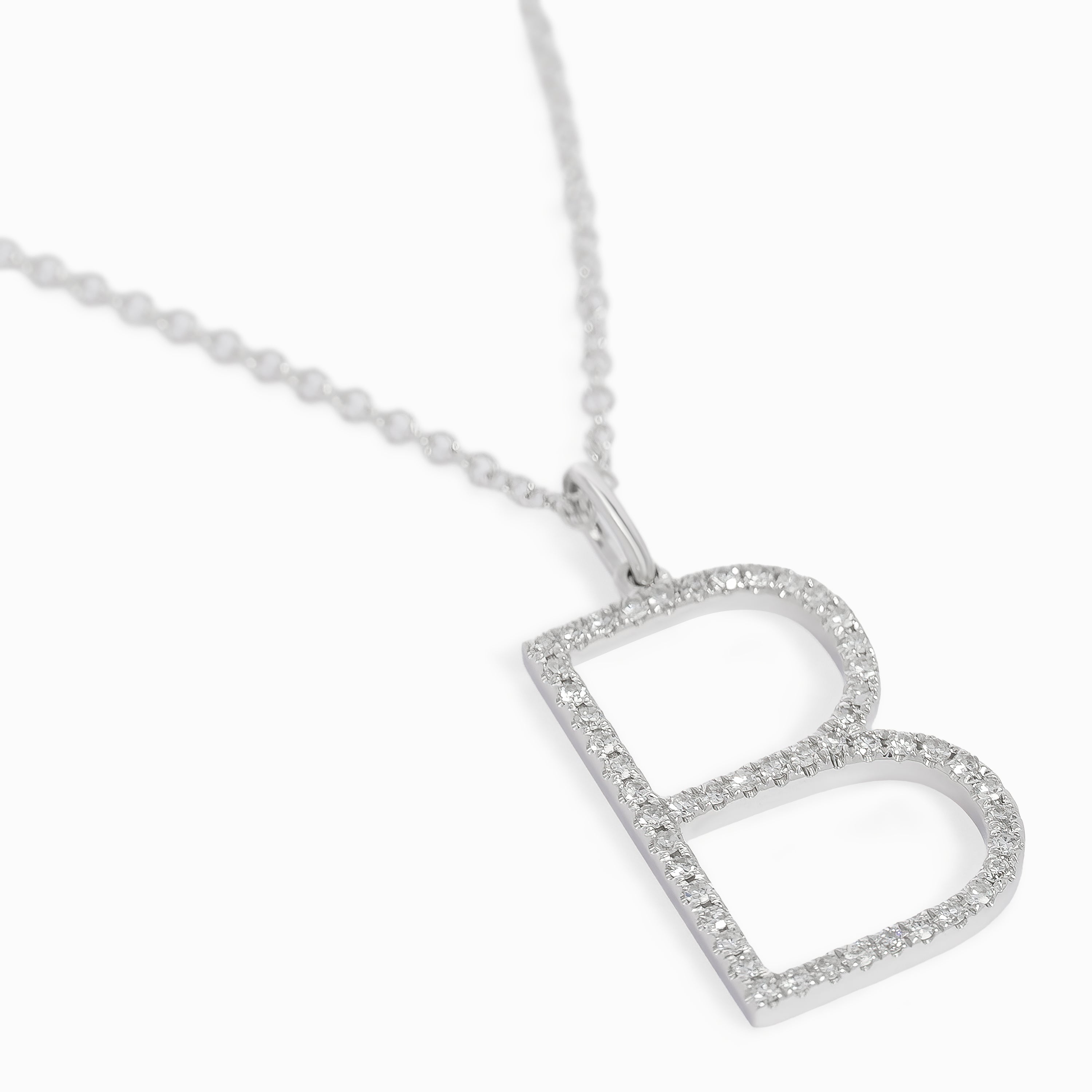 Letter B White Gold Chain Initial Necklace with Diamond Only Stones