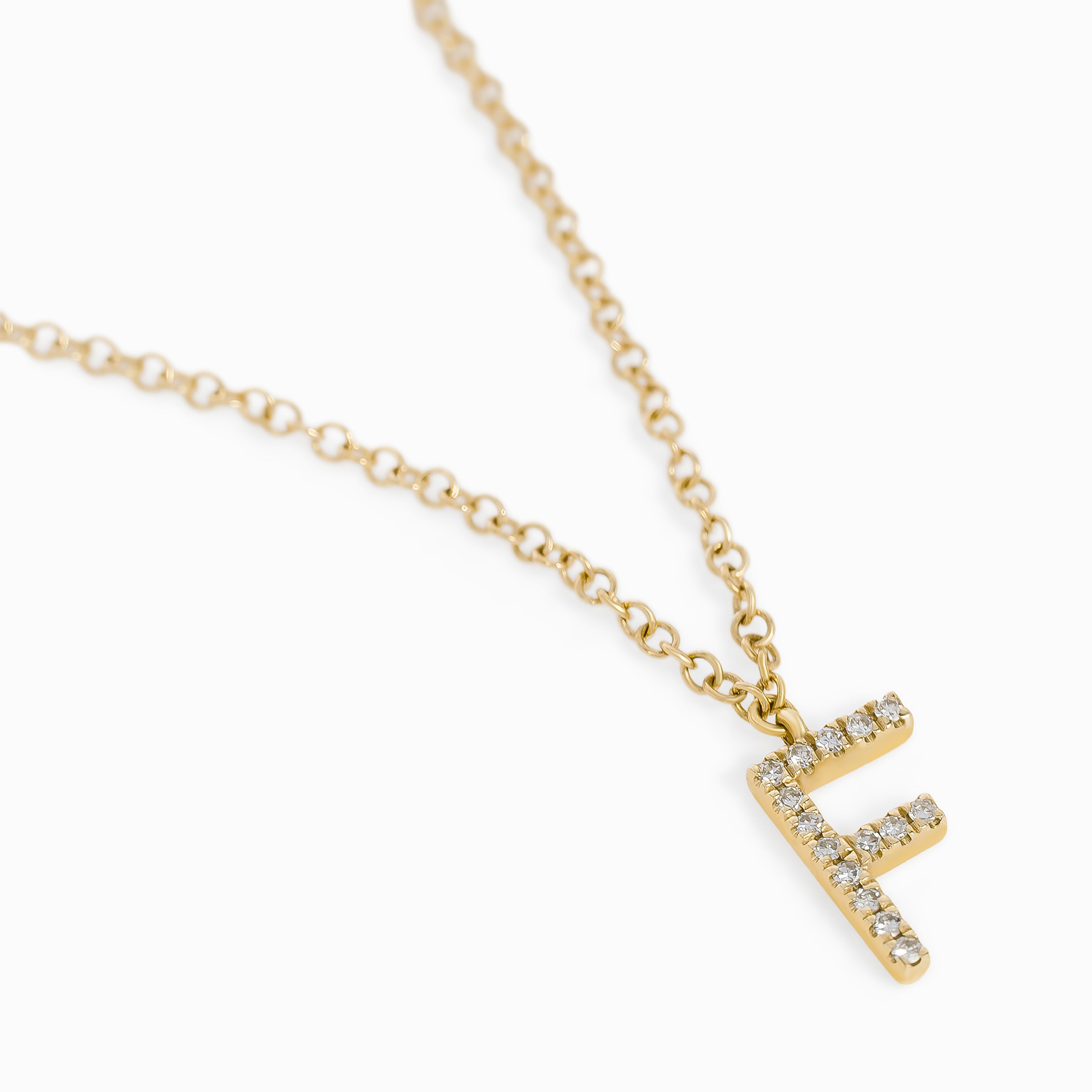 Letter F Yellow Gold Chain Initial Necklace with Diamond Only Stones