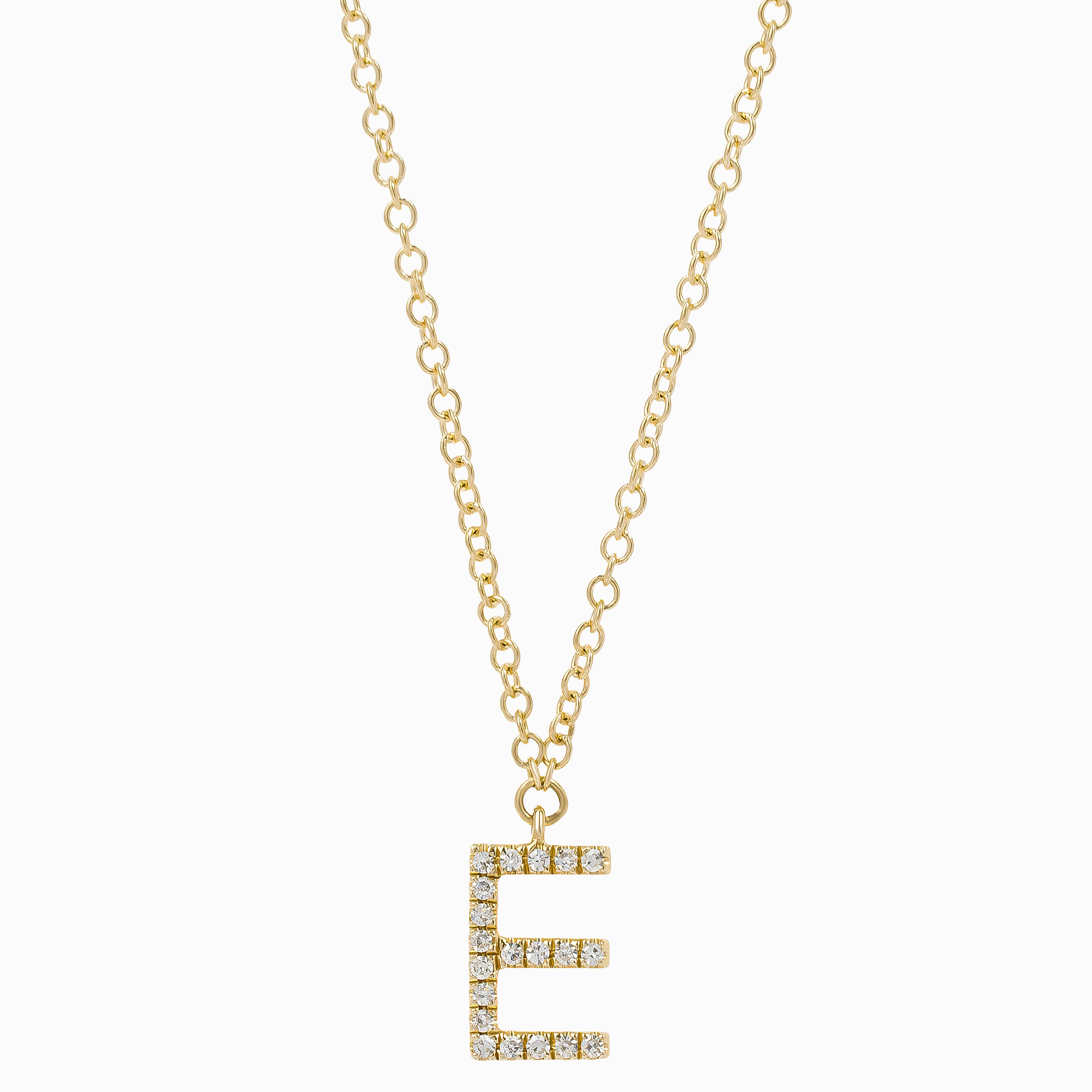 Letter E Yellow Gold Pendant Initial Necklace with Diamond Only Stones