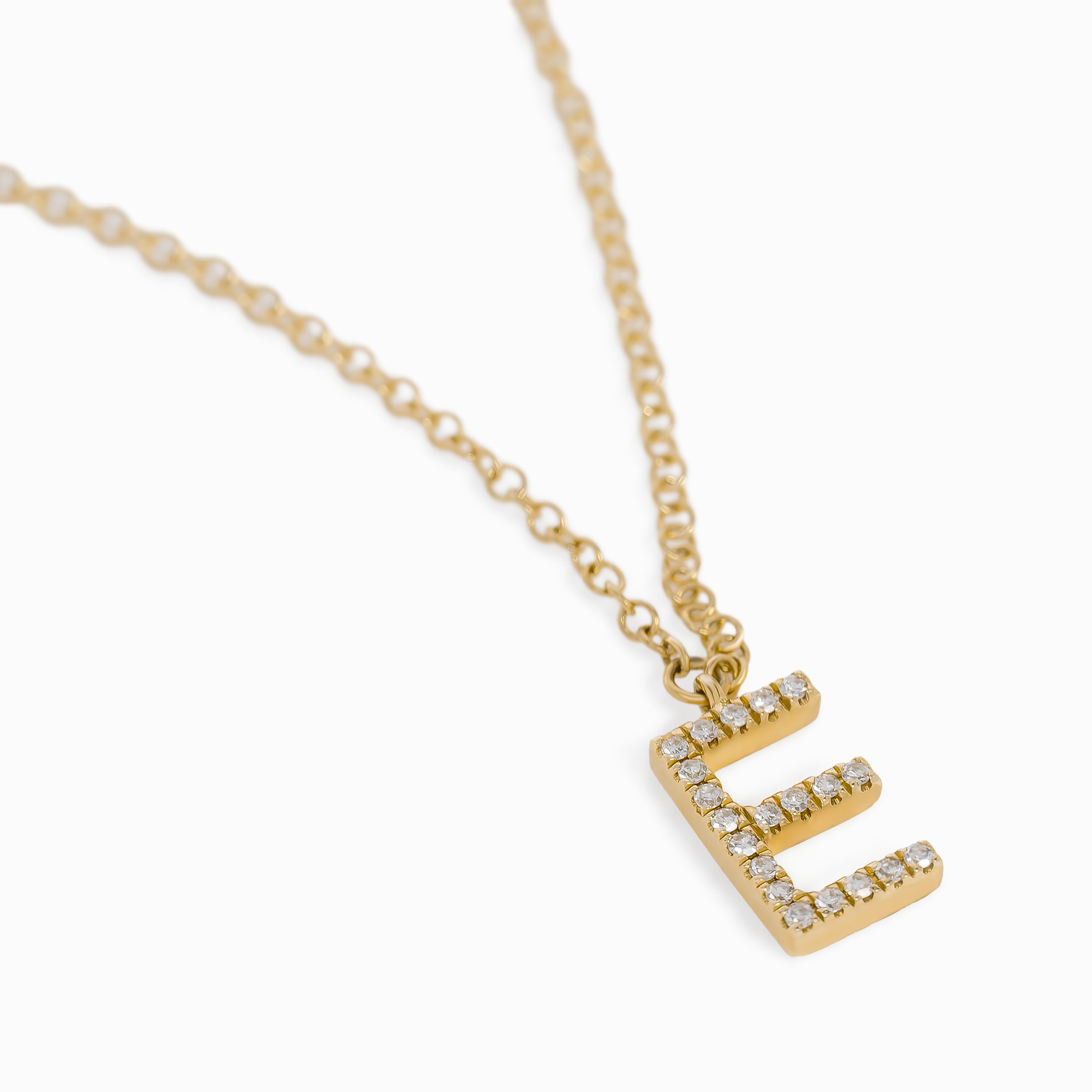Letter E Yellow Gold Pendant Initial Necklace with Diamond Only Stones