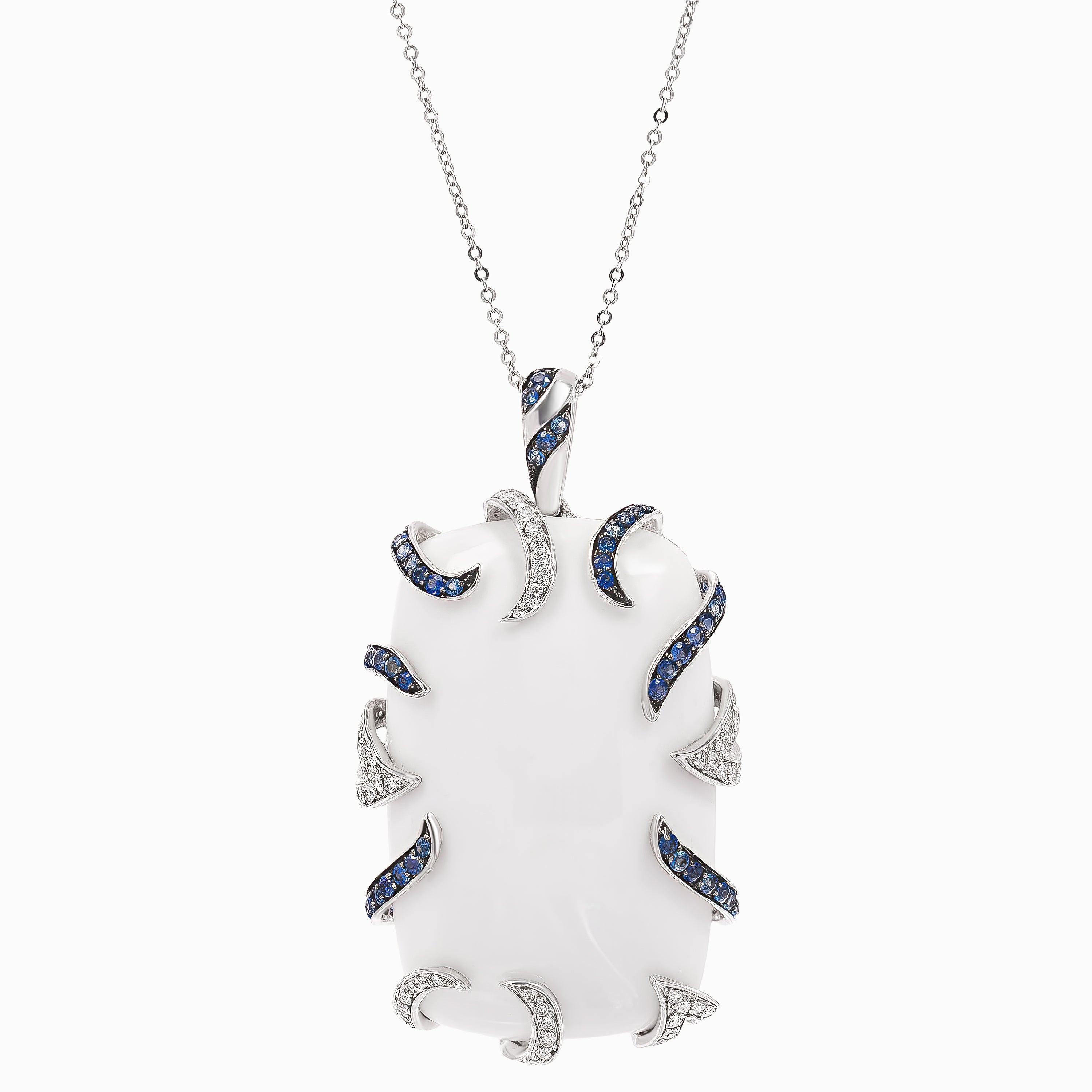 White Gold Pendant Necklace with Diamond, Sapphire Stones