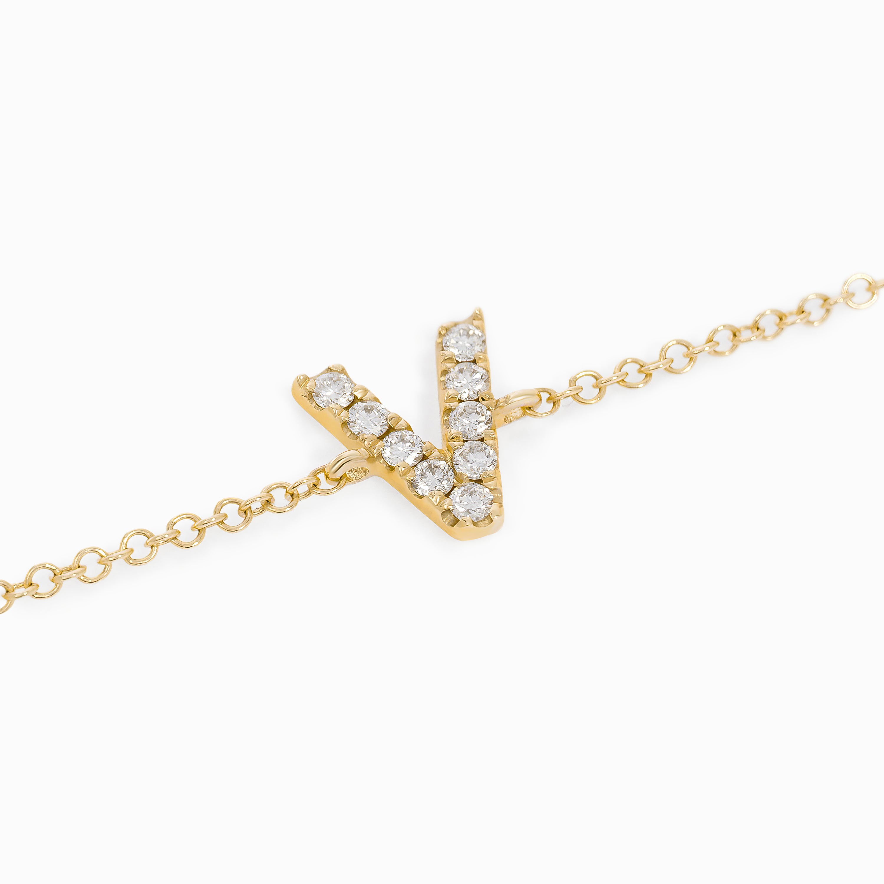 Letter V Yellow Gold Chain Initial Bracelet with Diamond Only Stones