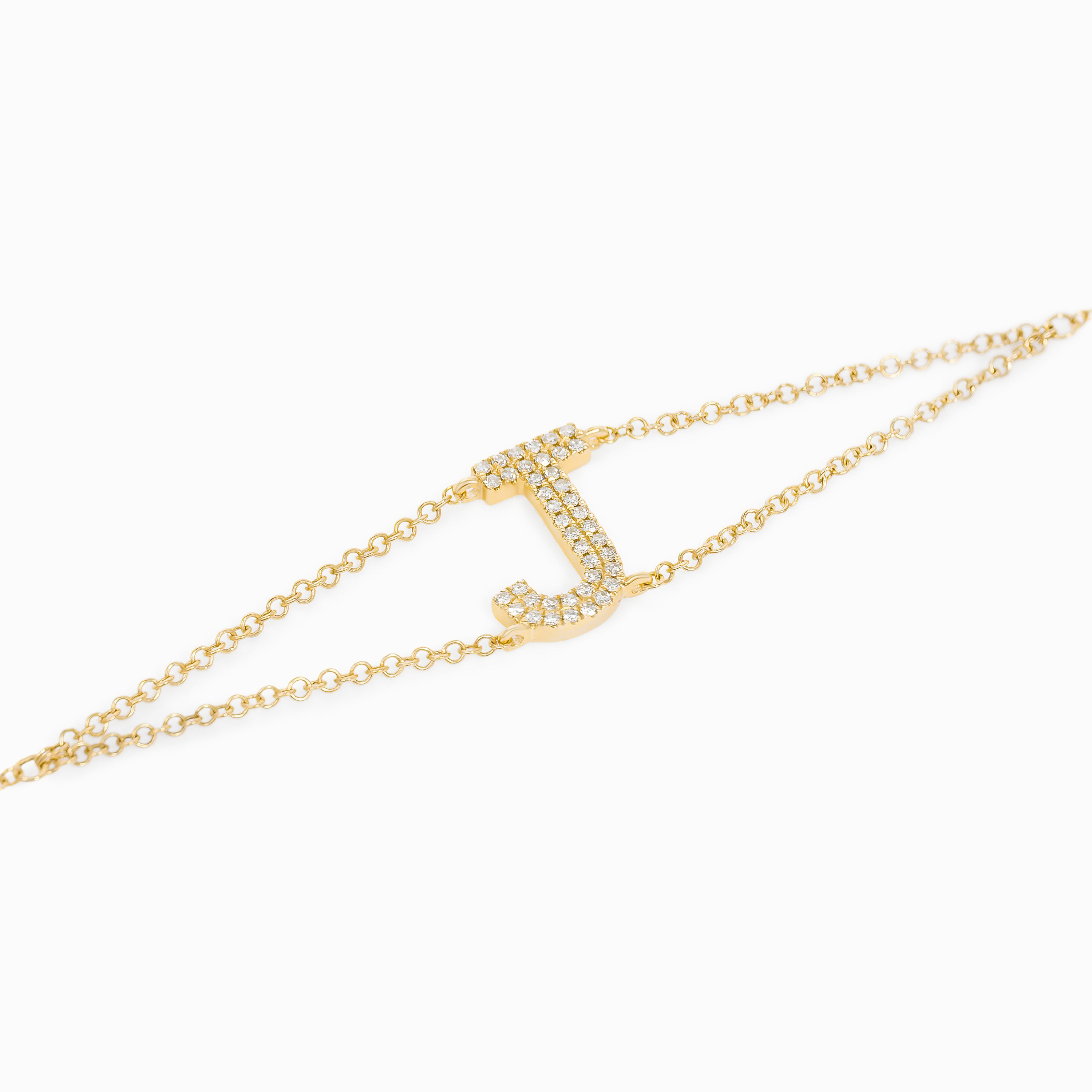 Letter J Yellow Gold Chain Initial Bracelet with Diamond Only Stones