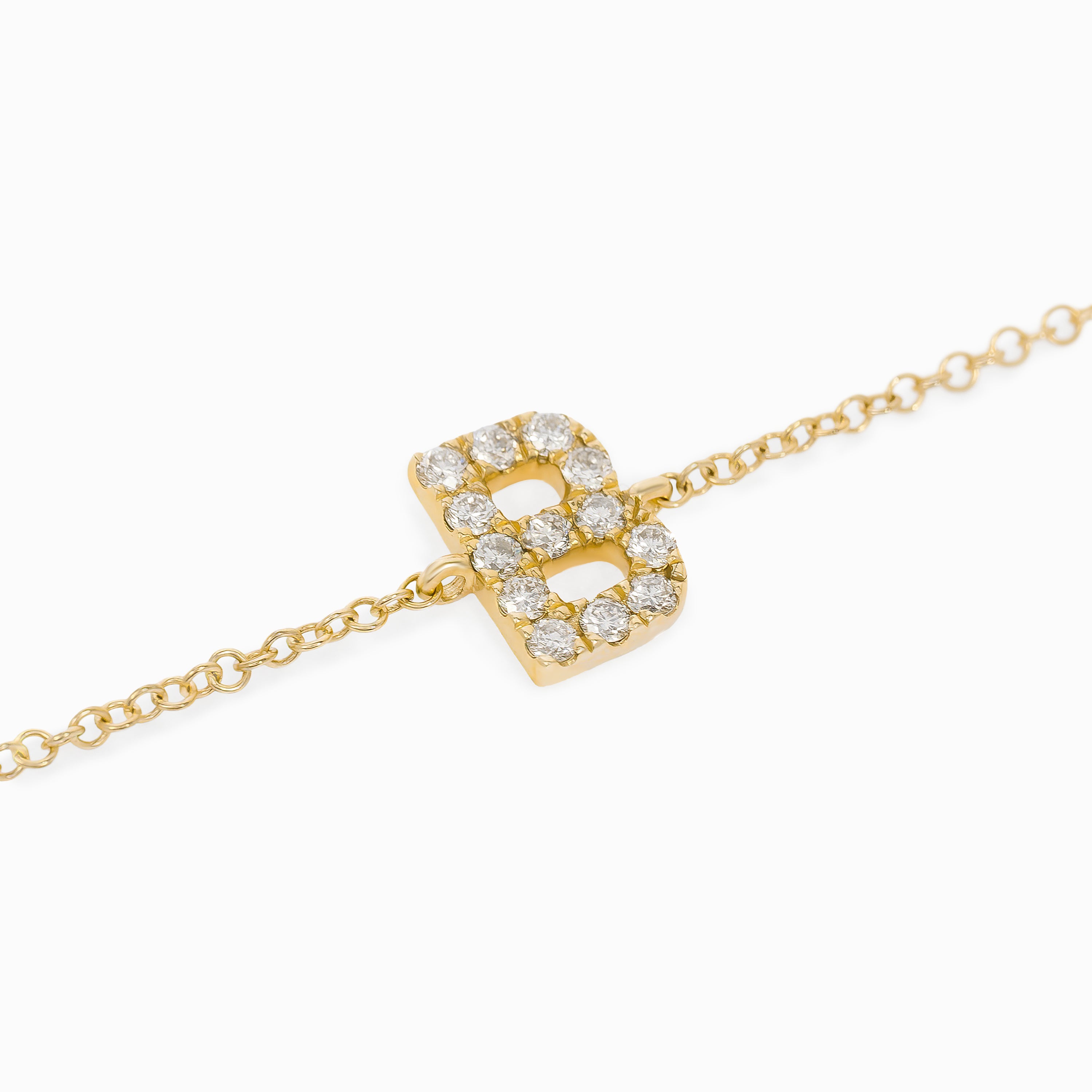 Letter B Yellow Gold Chain Initial Bracelet with Diamond Only Stones